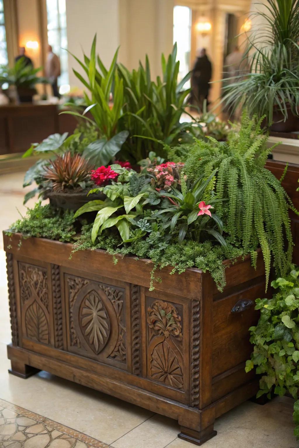A cedar chest turns into an abundant plant display, welcoming nature inside.