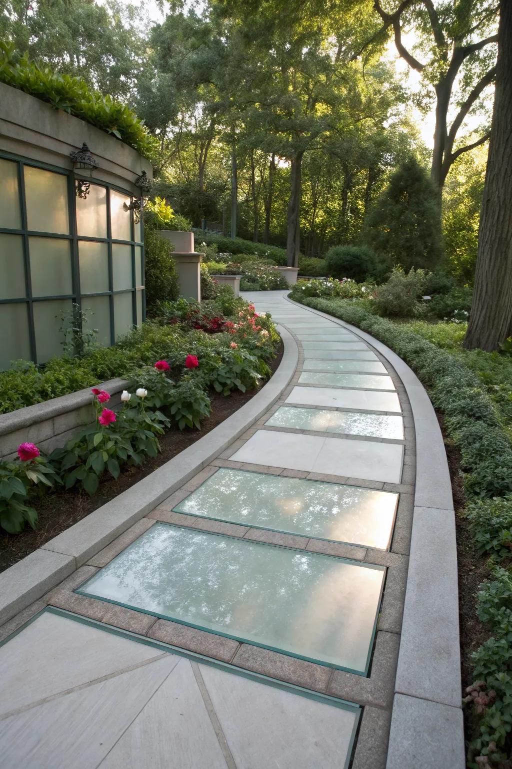 Elegant concrete walkway, embellished with iced glass.
