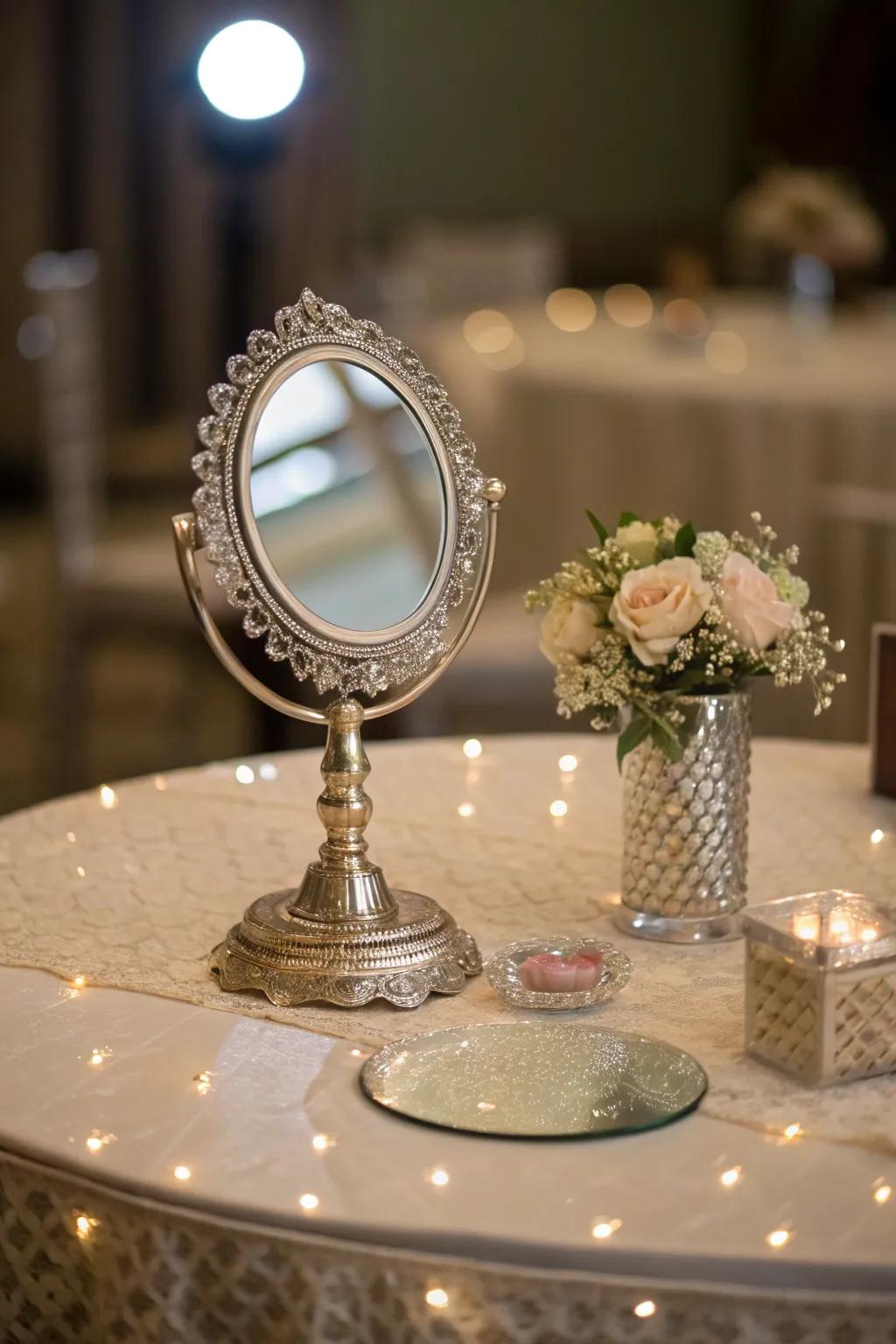 Mirrors layer proportion and radiance to your table arrangement.