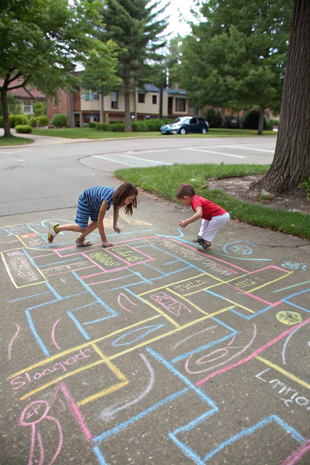 A complex chalk maze offering a fun challenge for kids.