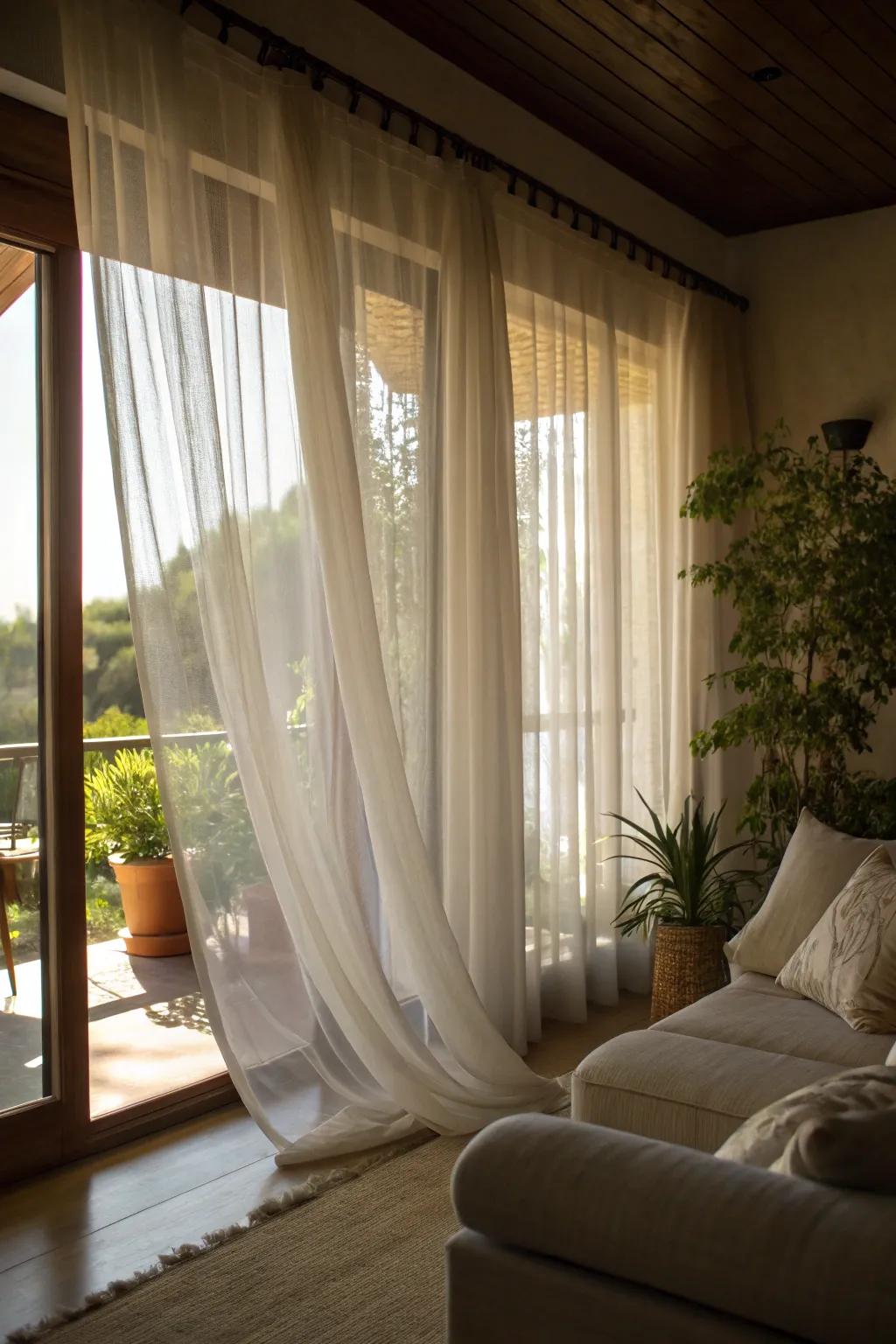 See-through curtains creating a soft and airy room ambiance.