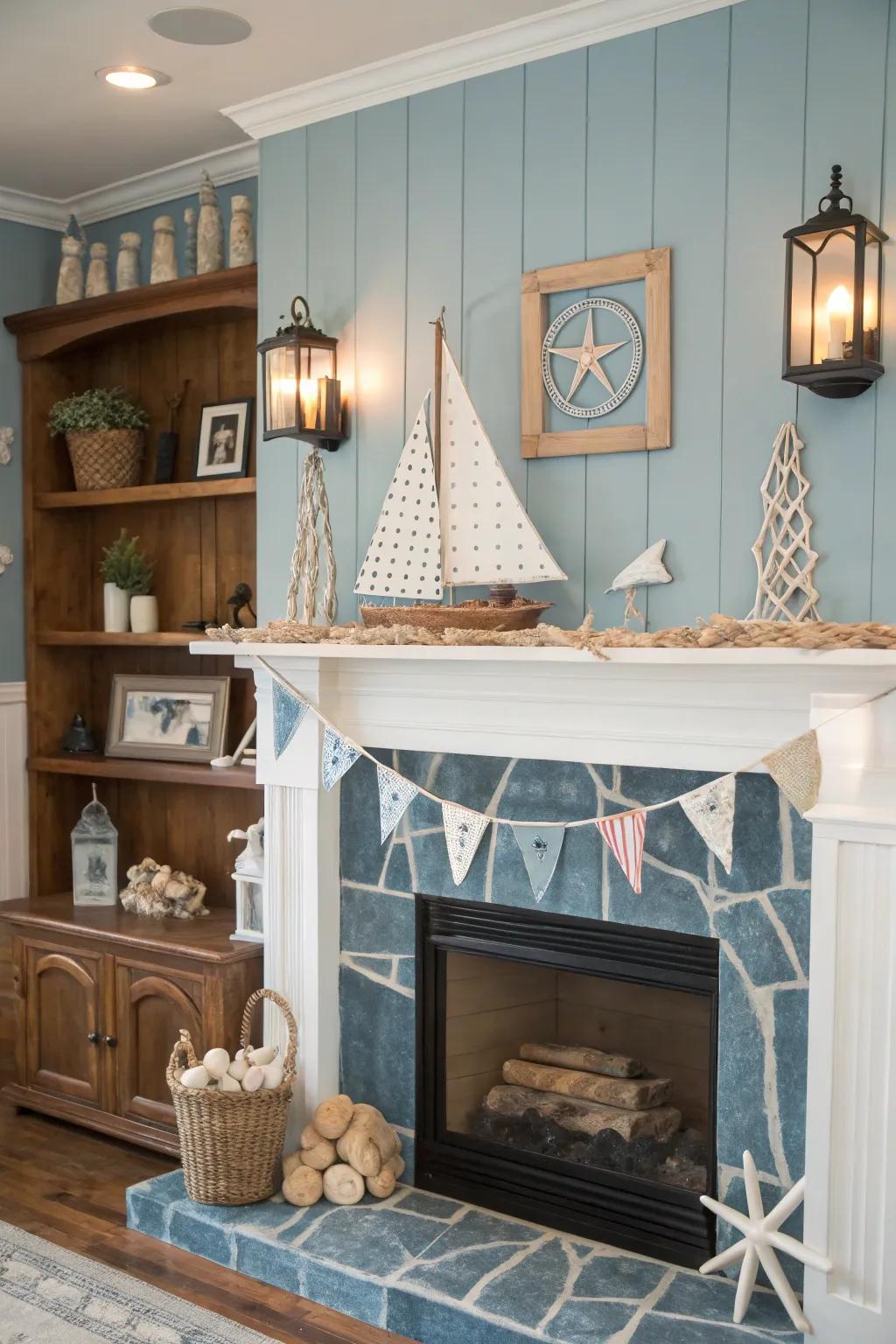 Maritime themes encircling the fireplace evoke a serene seaside escape.