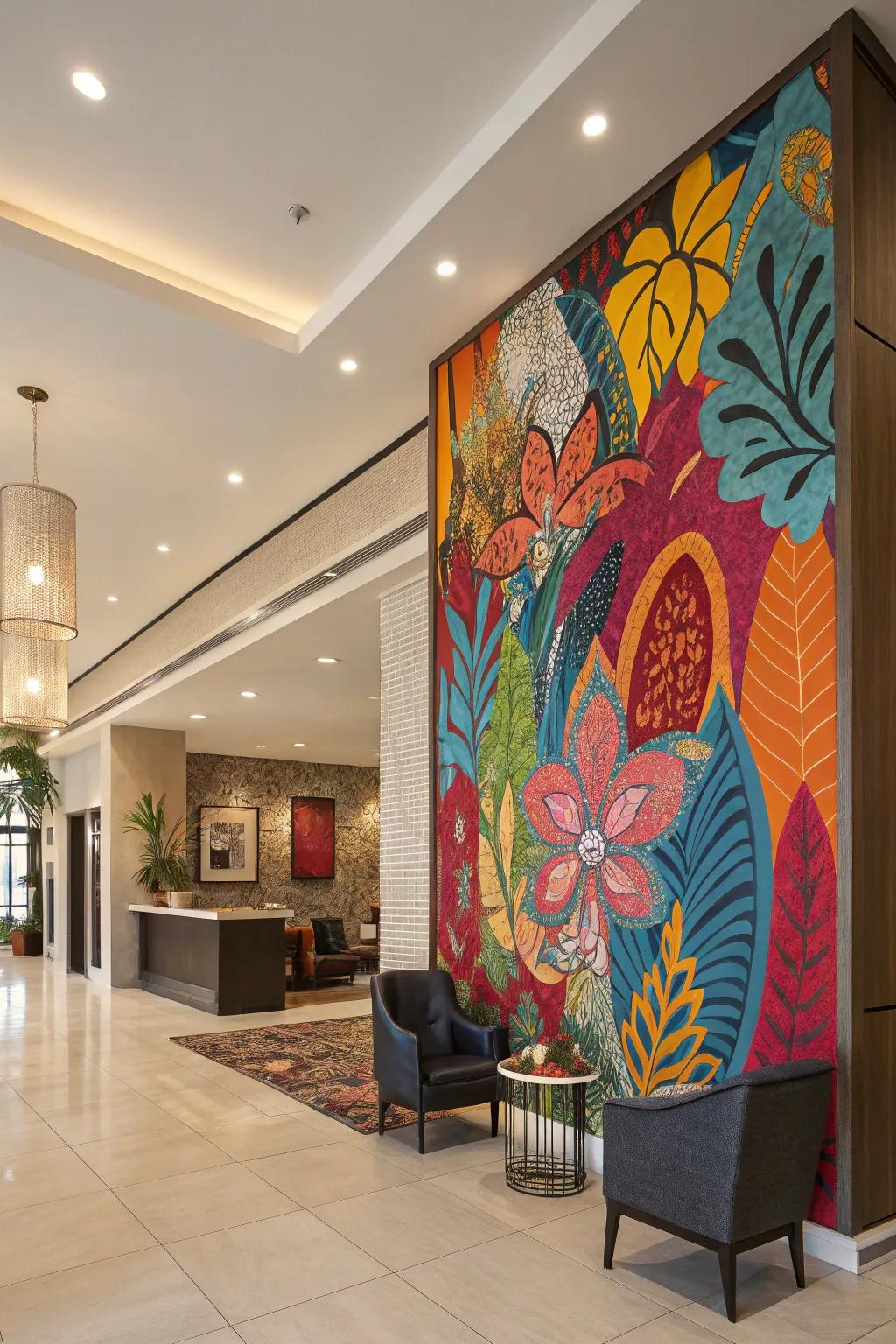 A highlight wall with bold hues and designs adding personality to the entrance.