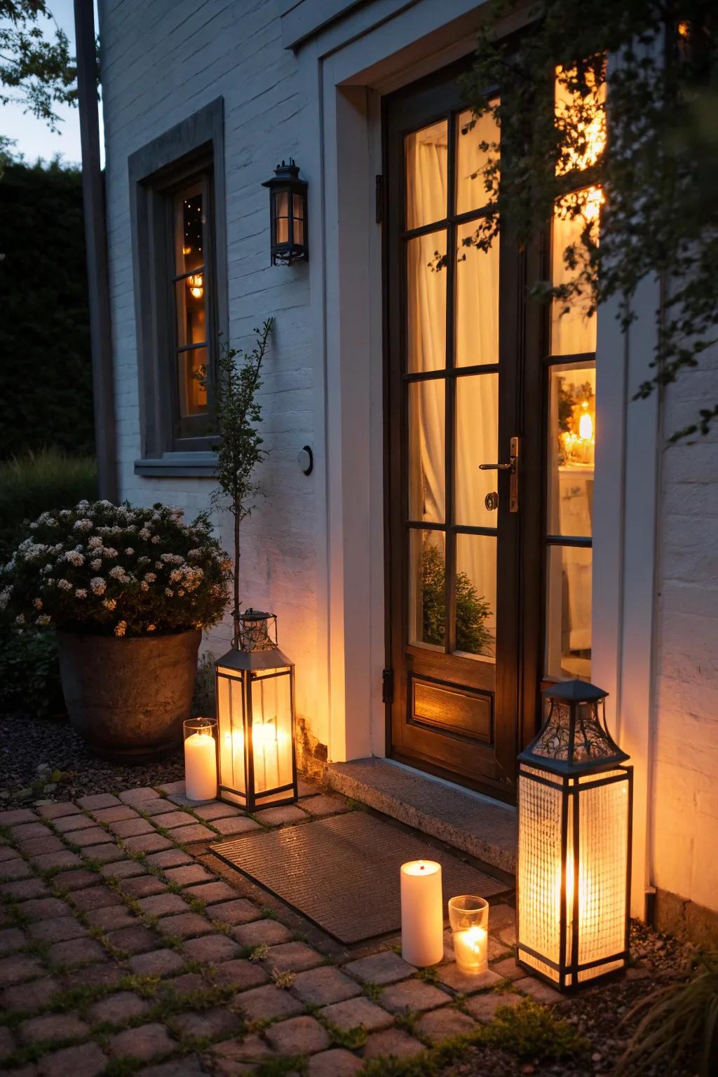 Lanterns light the route to this inviting holiday portal.