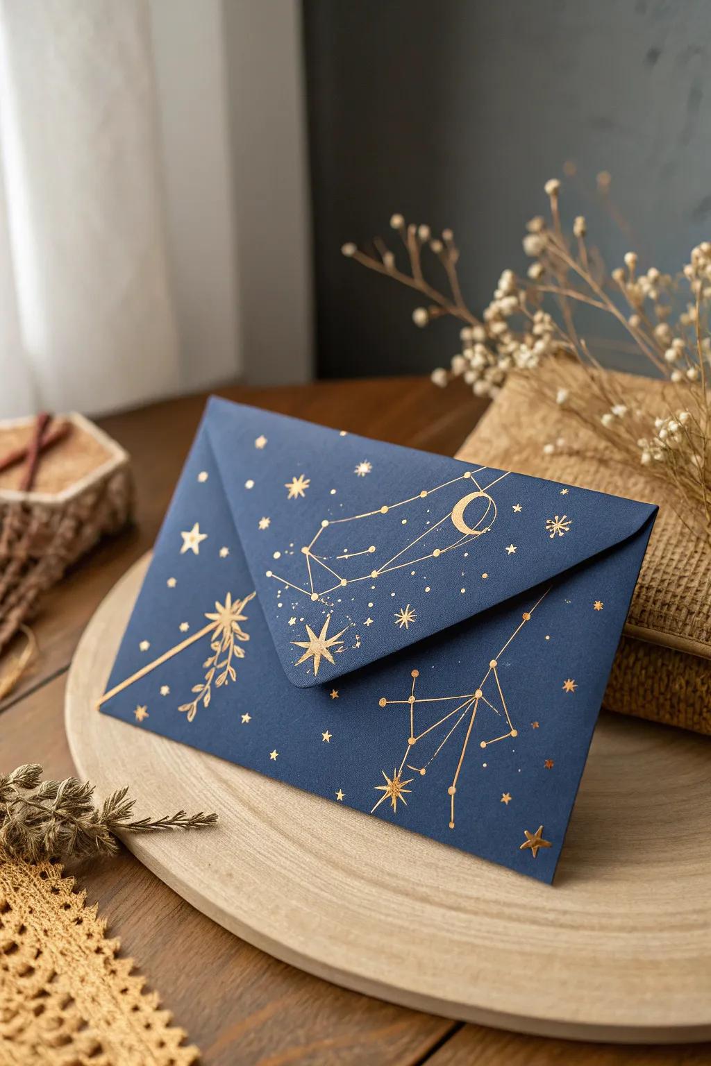 Embrace the enchantment of a starlit Christmas evening through this celestial envelope artistry.