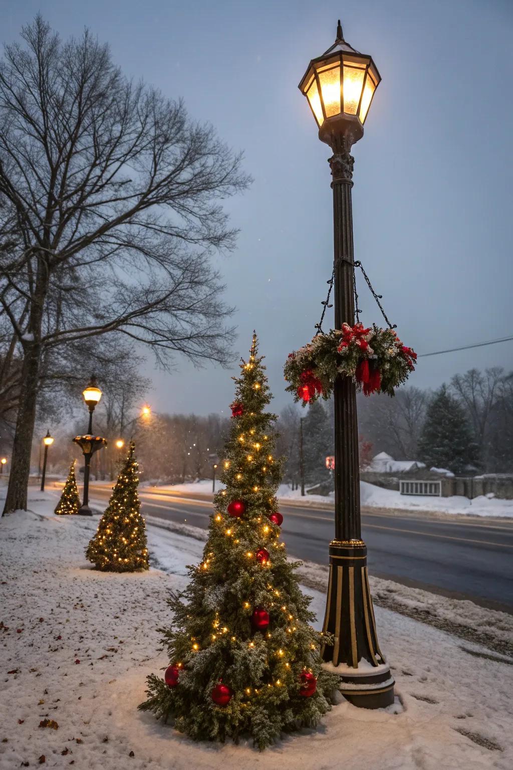 Miniature Christmas trees contribute festive allure to the base of a lamp post.