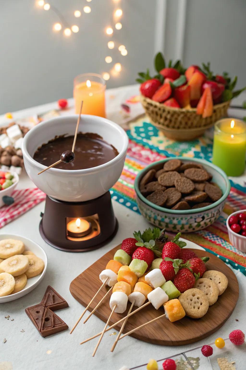 Interactive chocolate fondue for a sweet treat.