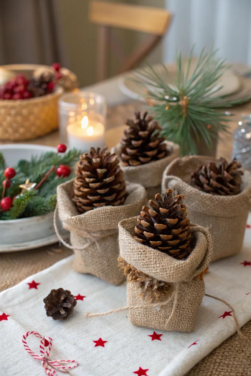 Scented pine cones offer a rustic and fragrant present.