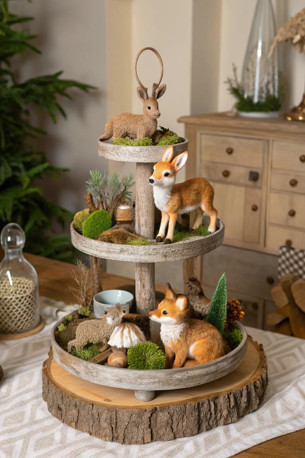 Forest creatures add enchantment to this tiered stand.