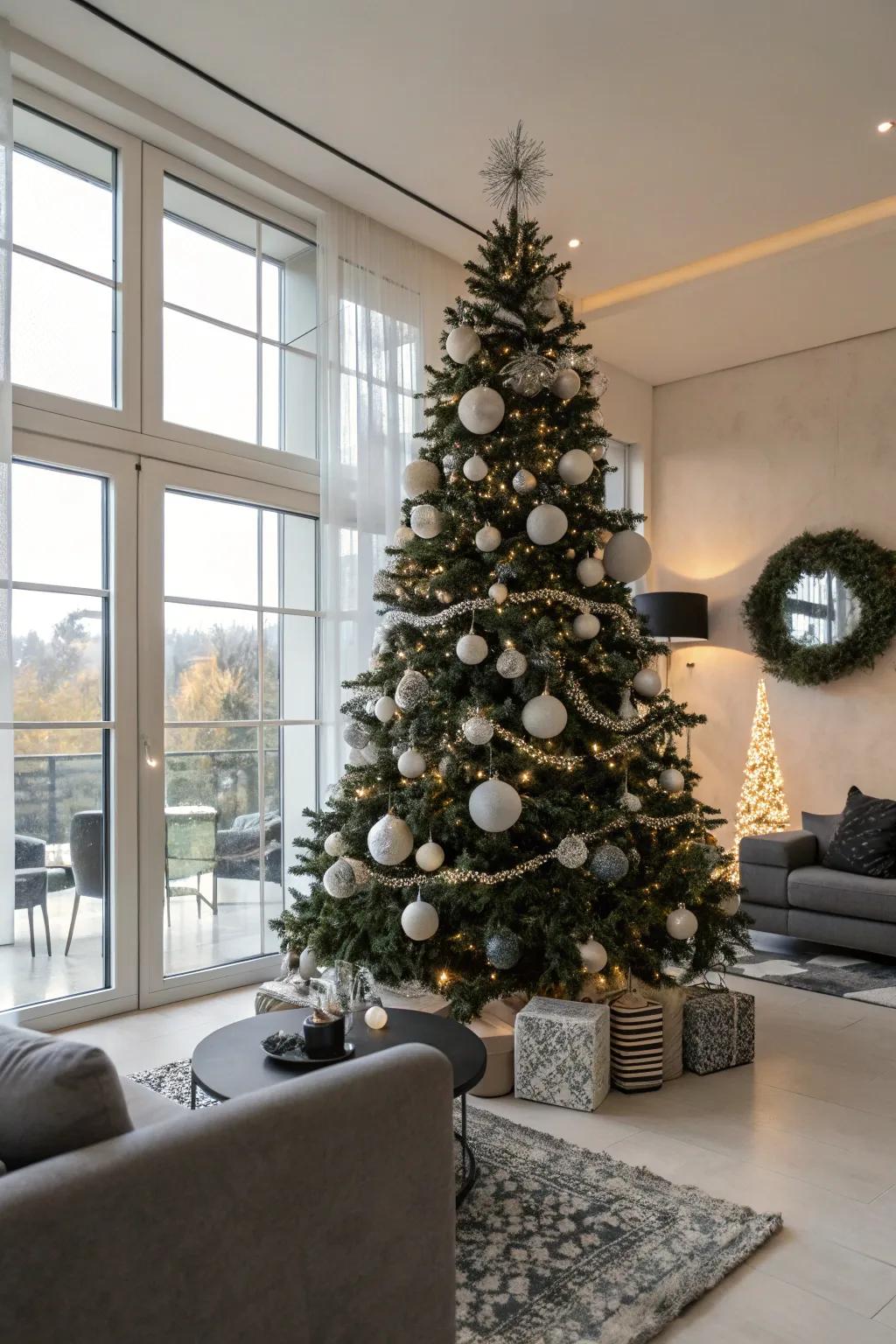 A chic onyx and ivory Christmas tree for a contemporary shimmer.