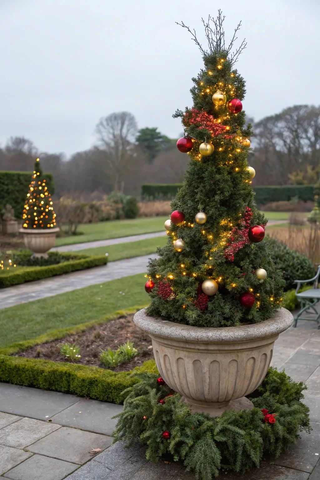 A unique Yuletide shaped bush displayed in a planter.