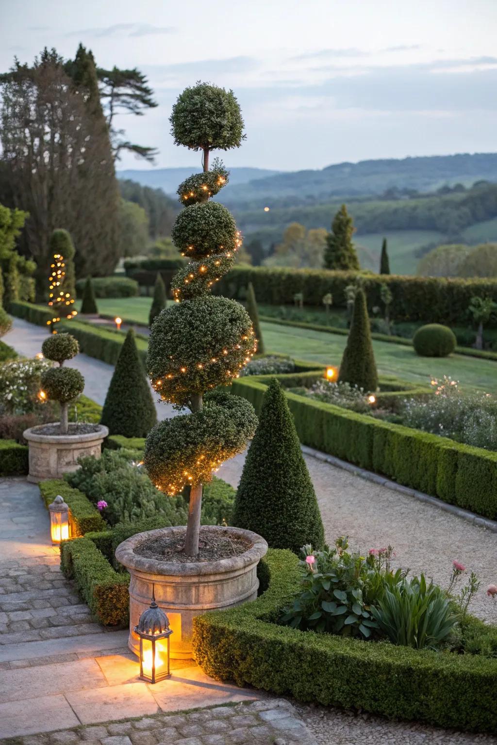 Sophisticated garden showcasing lighted topiary sculptures.