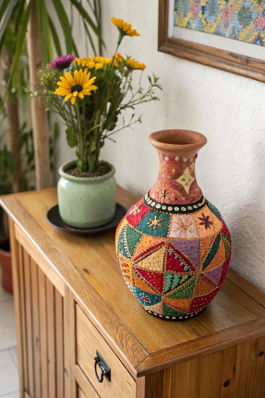 An earthenware flower holder that features a patchwork design, adding diverse charm to a space.