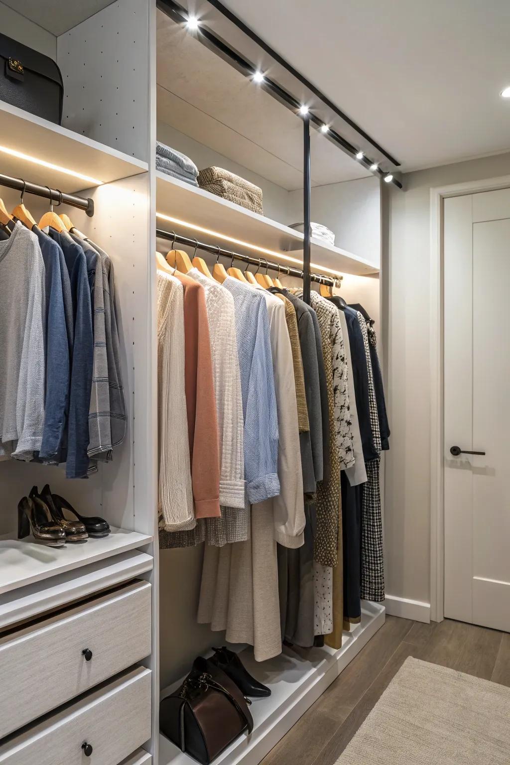 Rotating hangers offer easy access in deep closet areas.