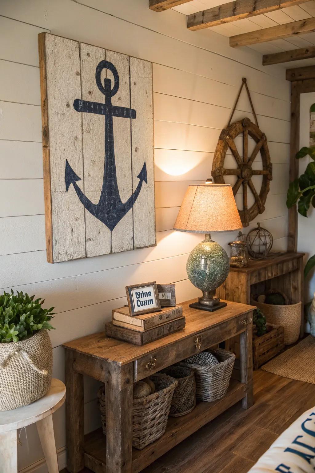 A rustic seafaring plaque adding personal flair to coastal decor.