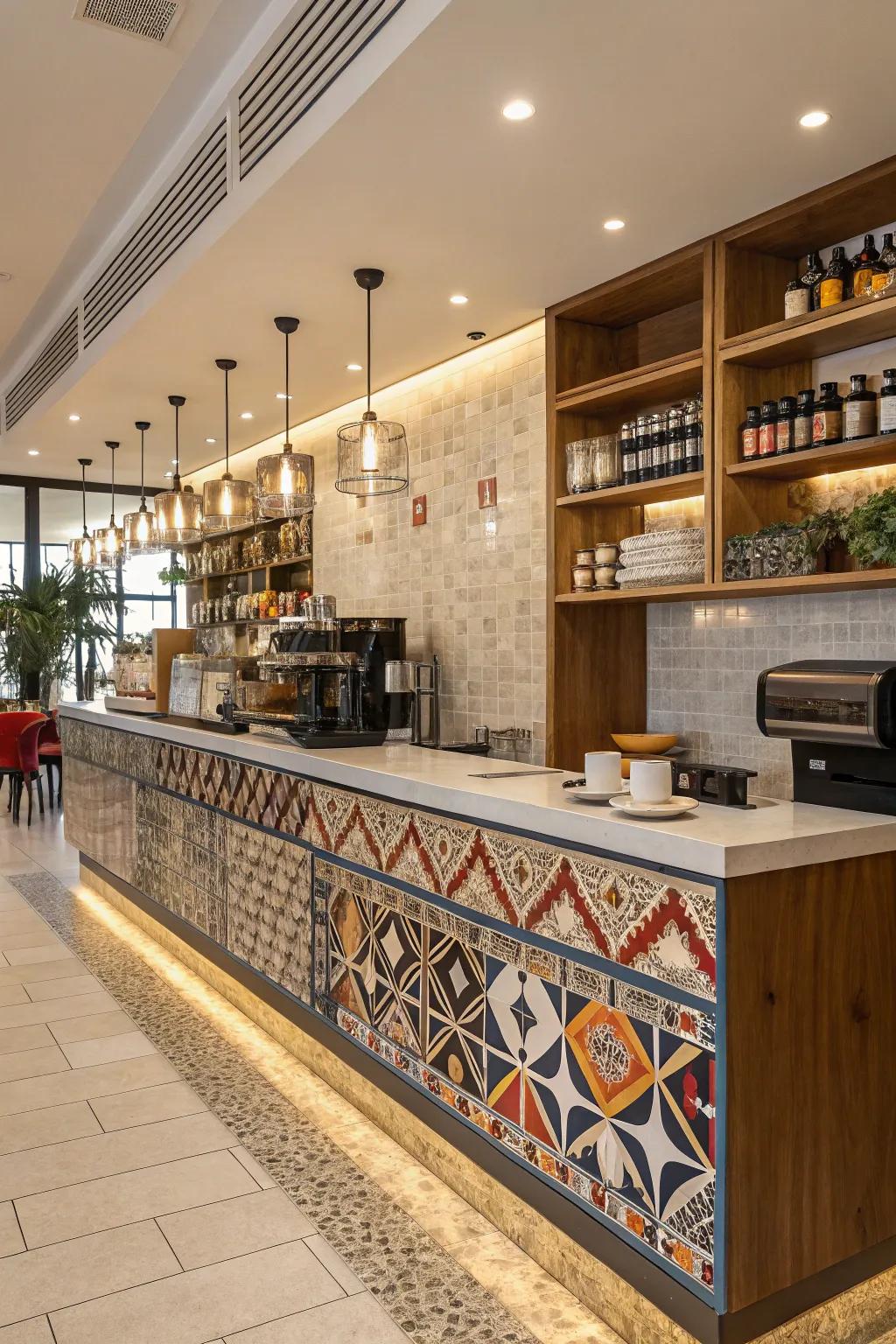 A bold backsplash adds drama and depth to your coffee station.