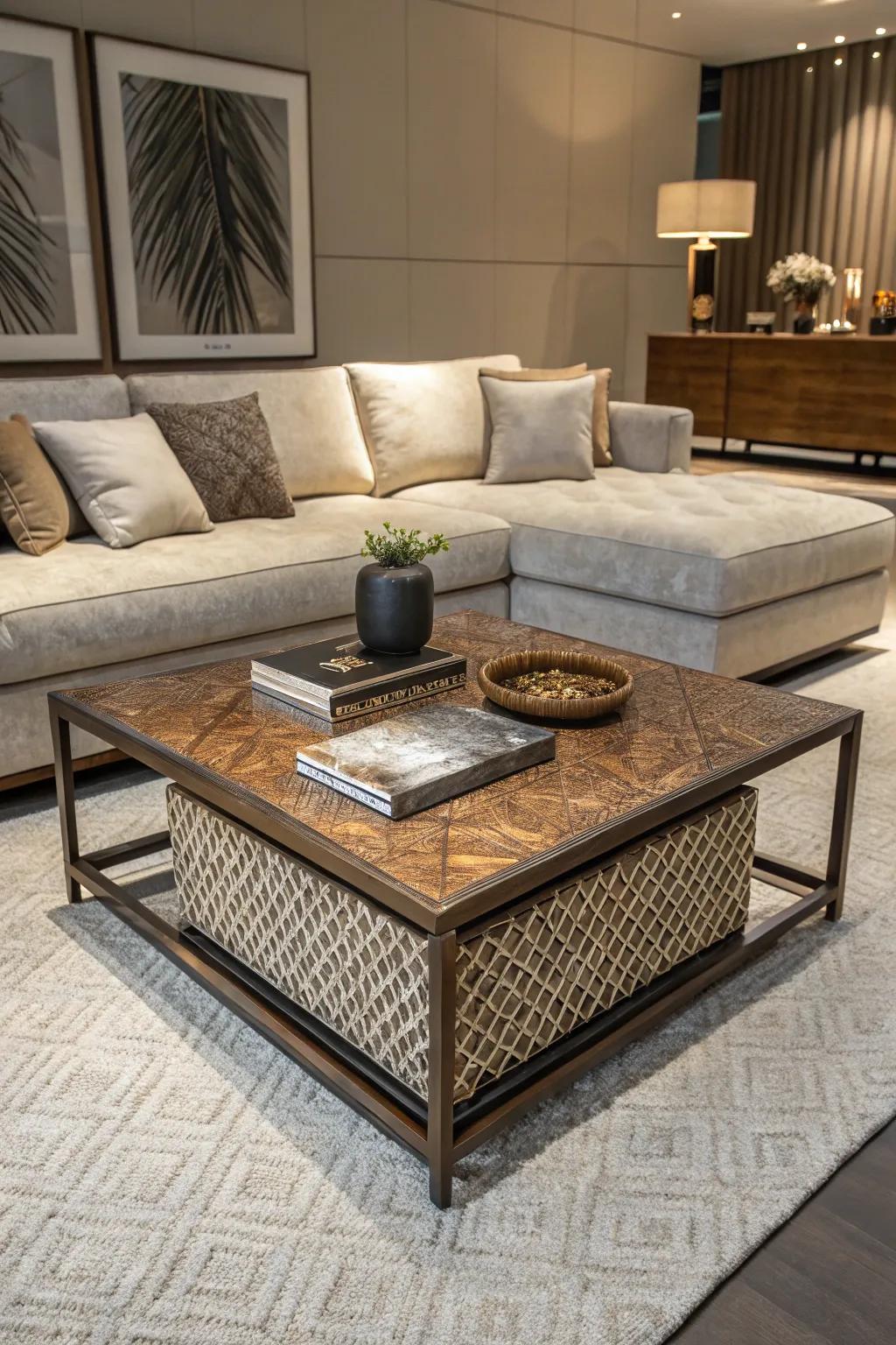 A mixed-material centerpiece table brings texture and depth to a contemporary family room.