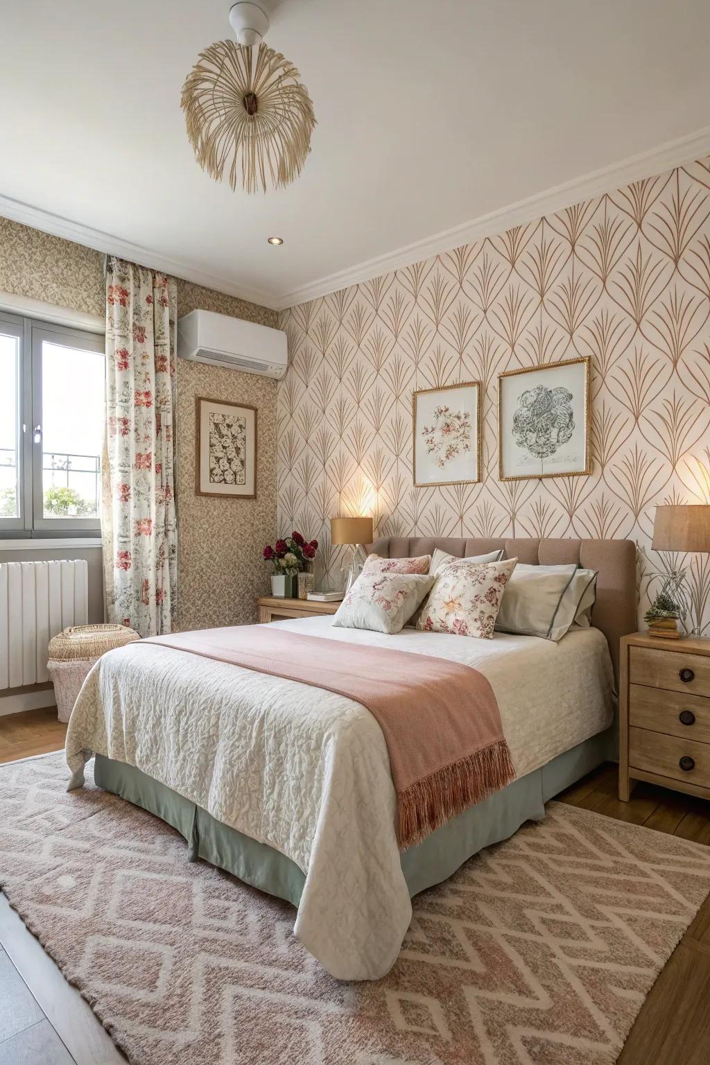 Textured wall covering enhances the depth and luxury of this color-drenched room.