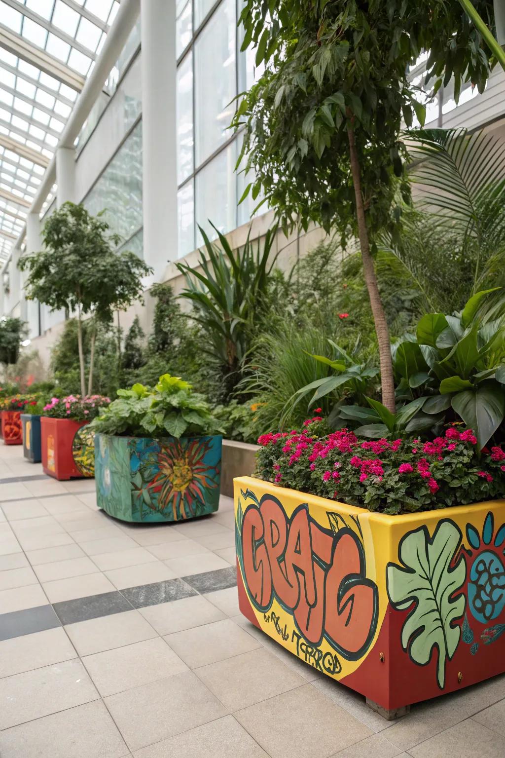 An indoor garden area with graffiti-decorated vases.