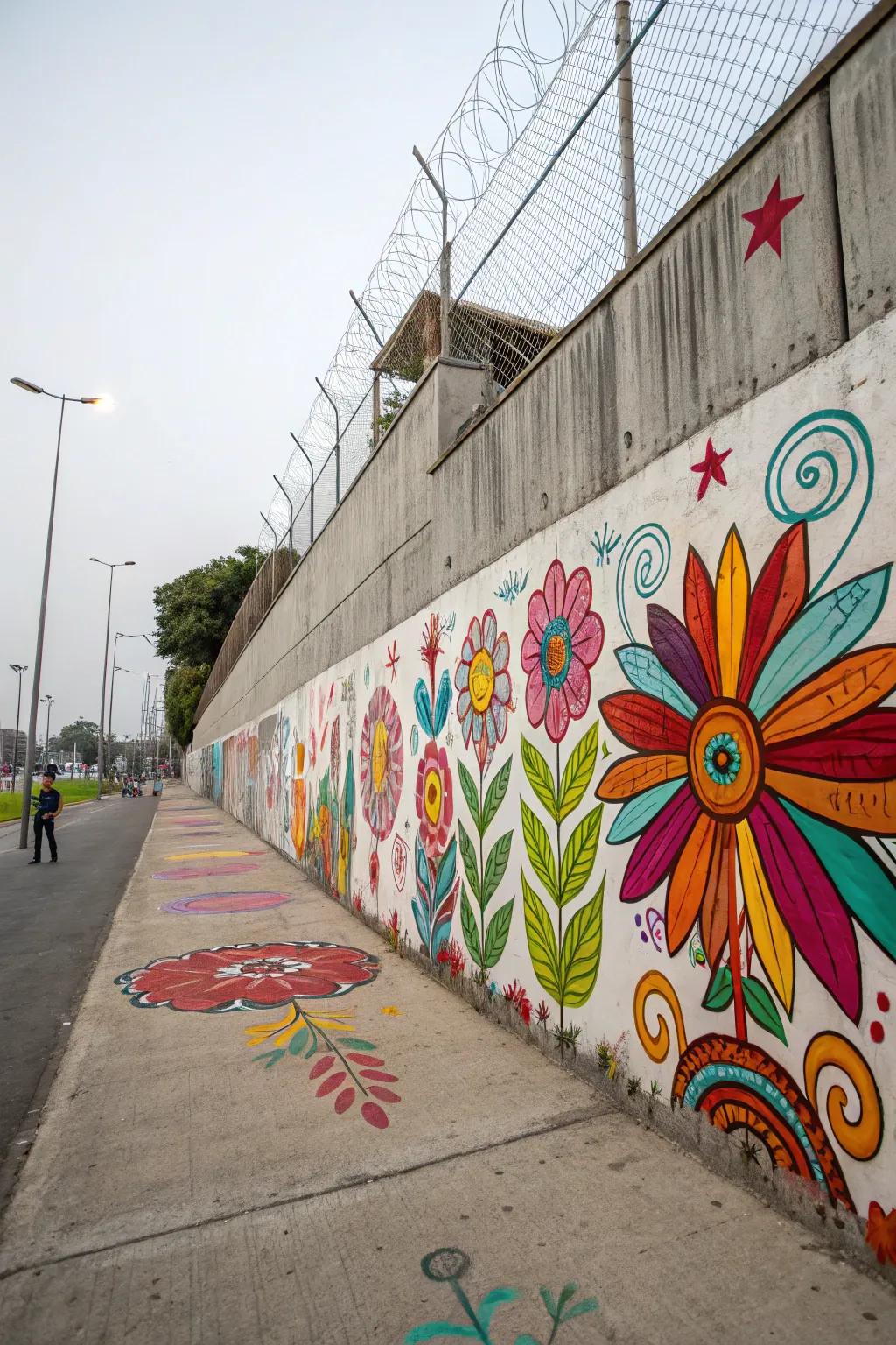 Painted graphics add a playful touch to concrete walls.