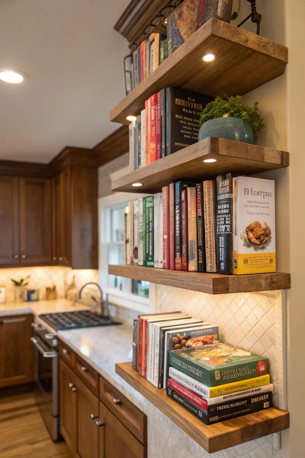Suspended nook shelves turn awkward areas into stash.