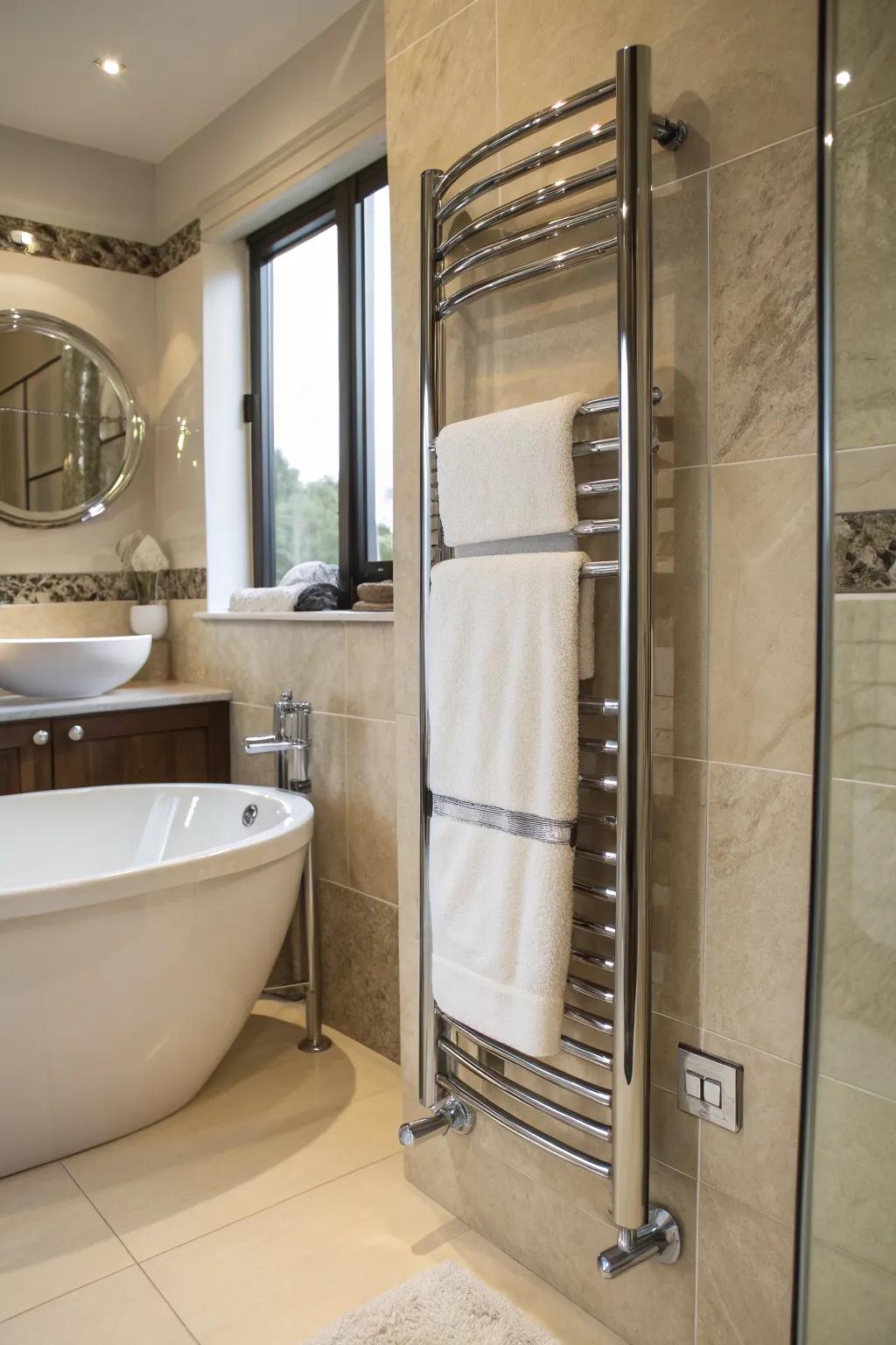 A towel heating device in the corner adds warmth and ease.