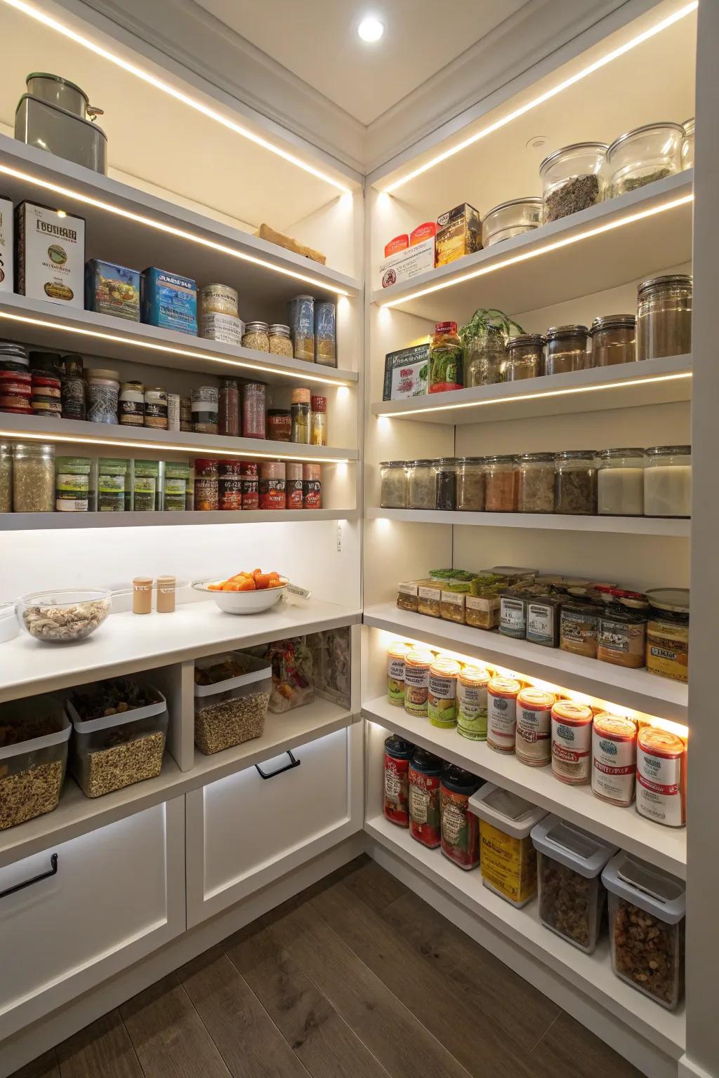 Diode illumination in a corner pantry for improved clarity.