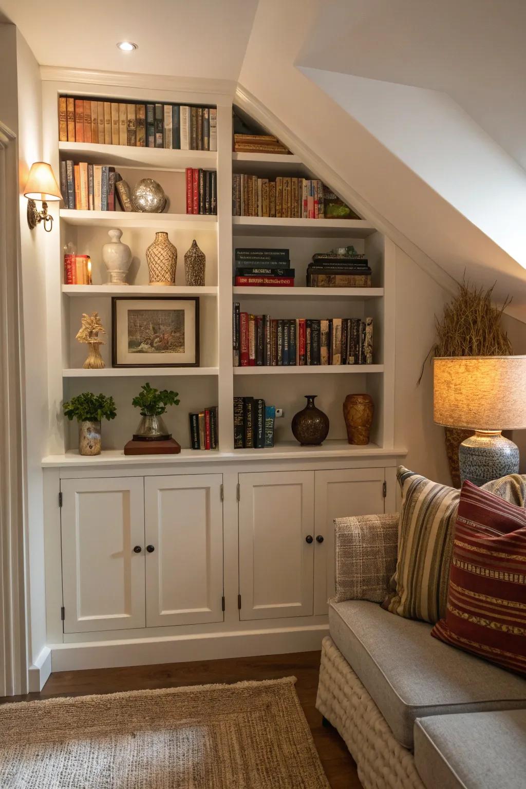 Built-in corner shelving optimizes space and style.