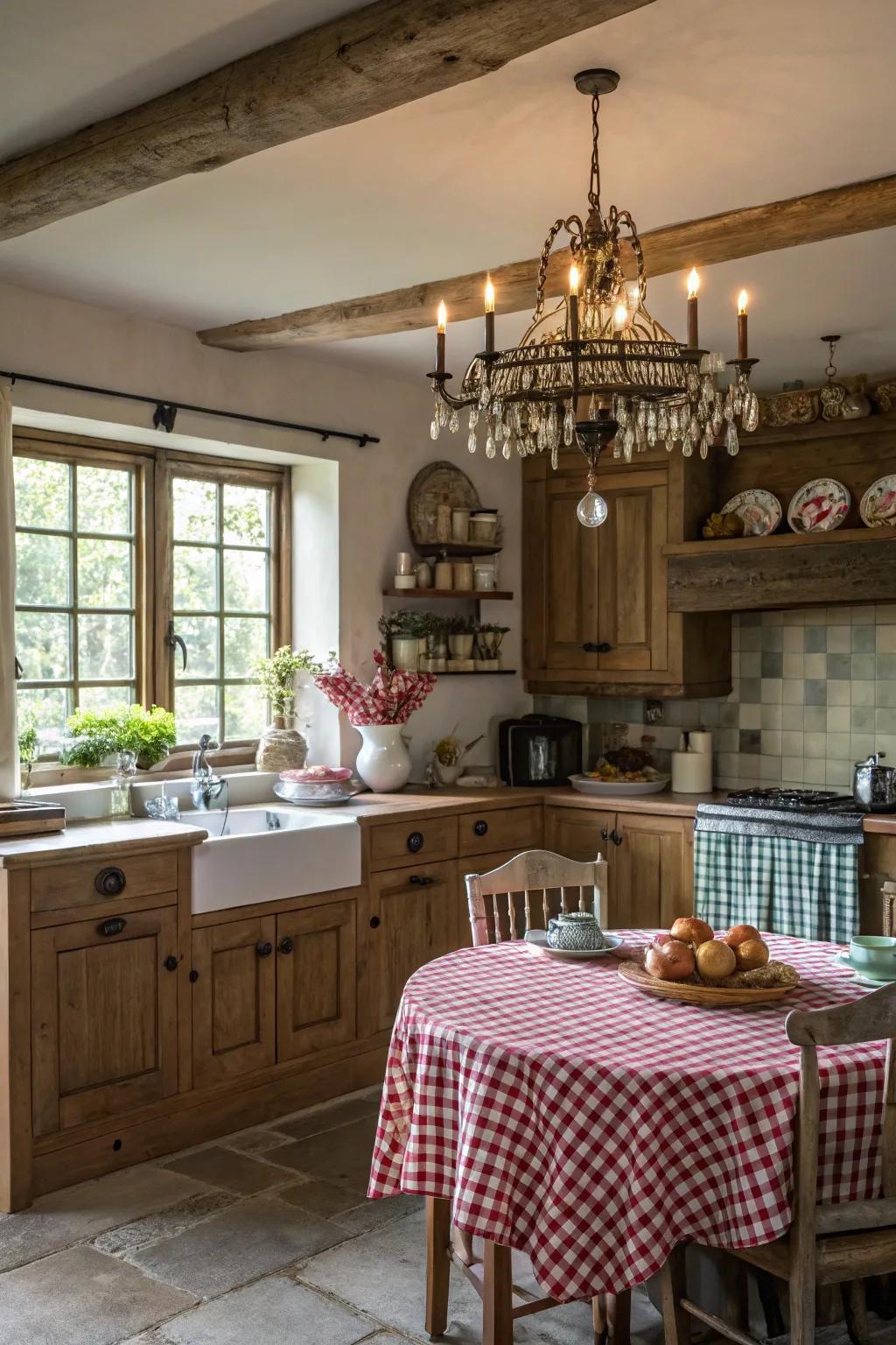 A statement chandelier introduces elegance to the dining space.