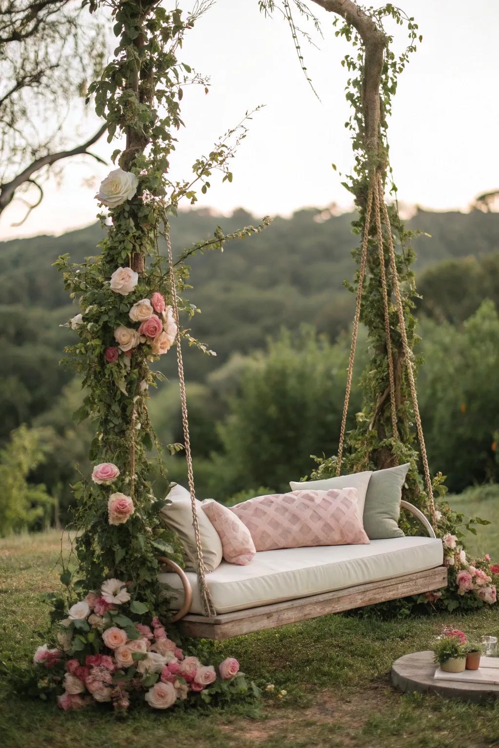 A whimsical cushioned swinger wrapped in vines at a country wedding.