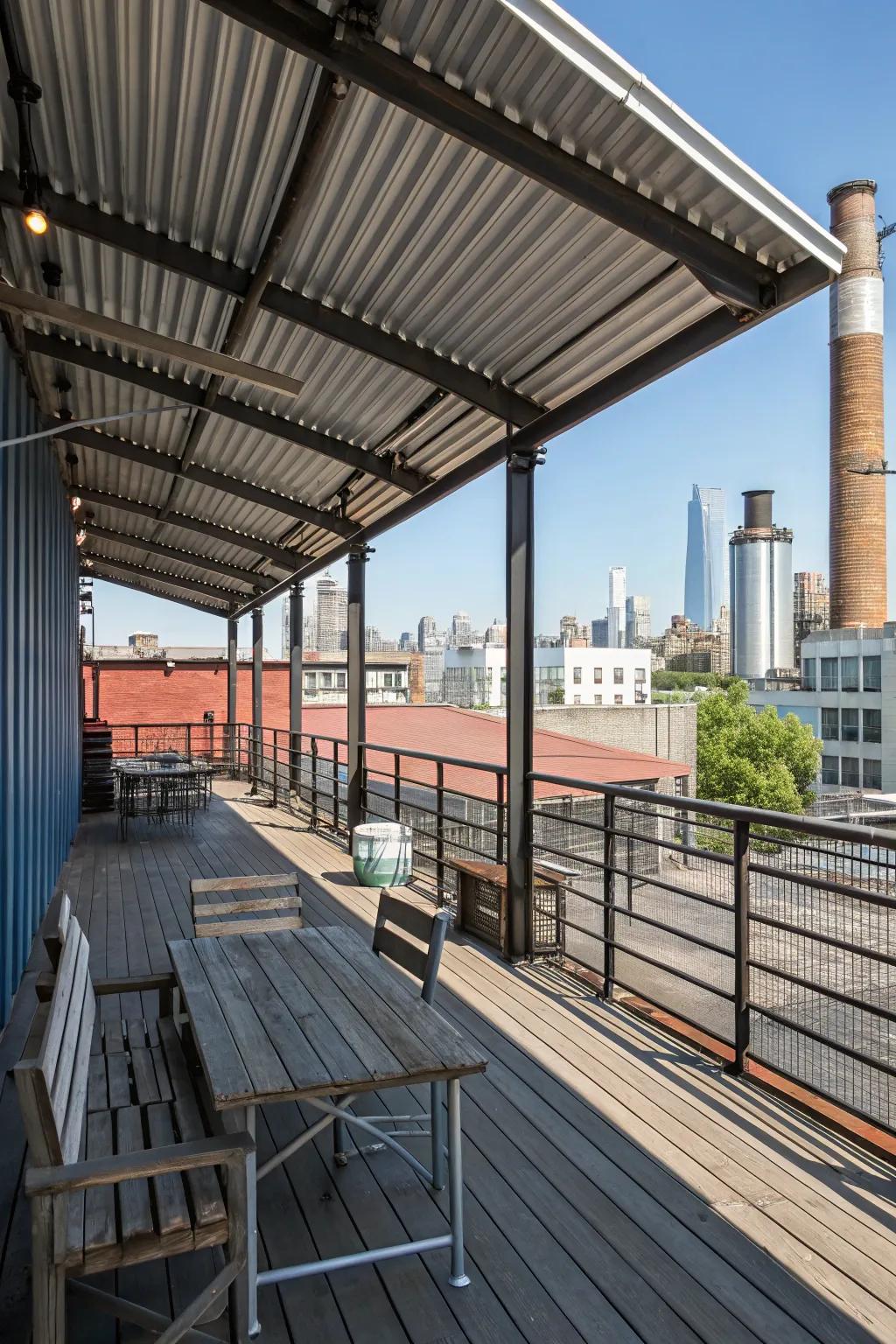 An industrial chic deck with a corrugated metal roof.