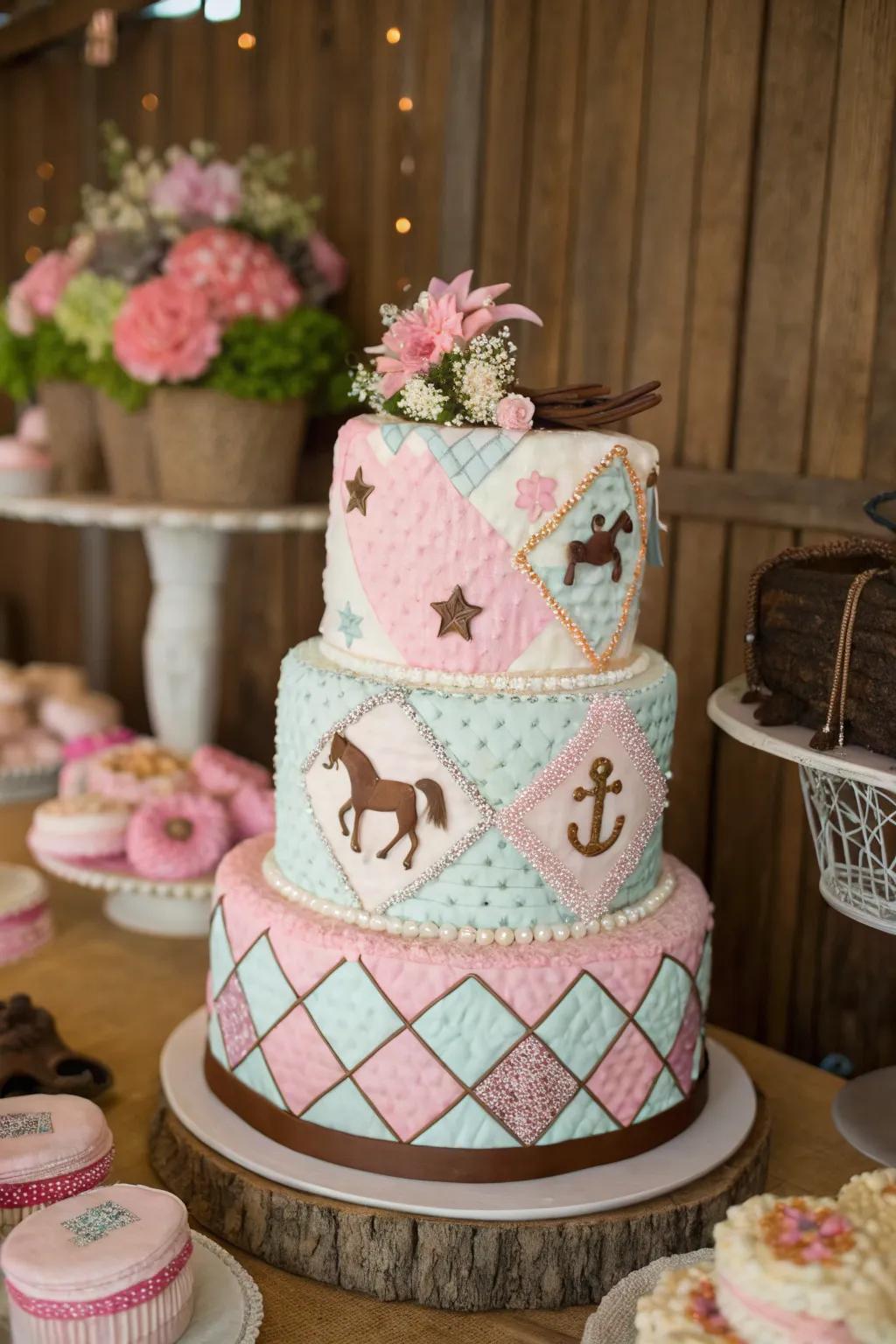 A patchwork quilt design imparts texture and warmth to this cowgirl baby shower cake.