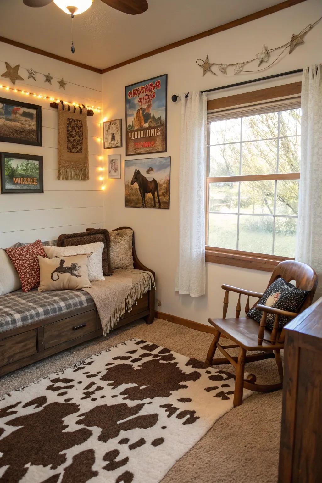 Cow print embellishments add a playful ranch vibe.