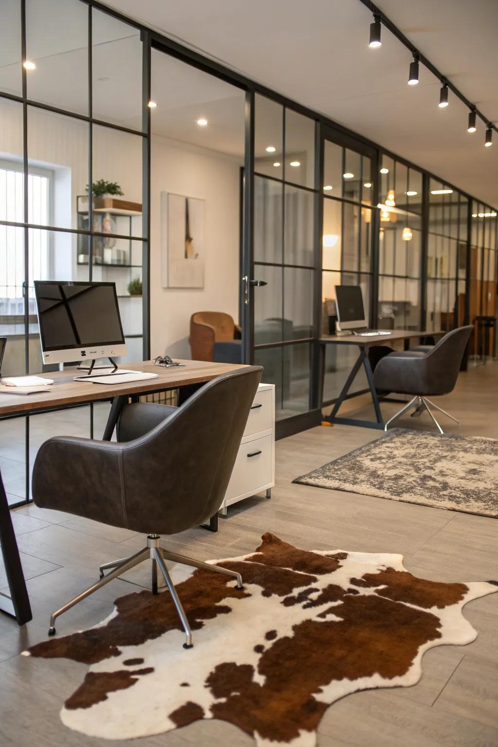 A sophisticated office space with a cowhide wall accent.