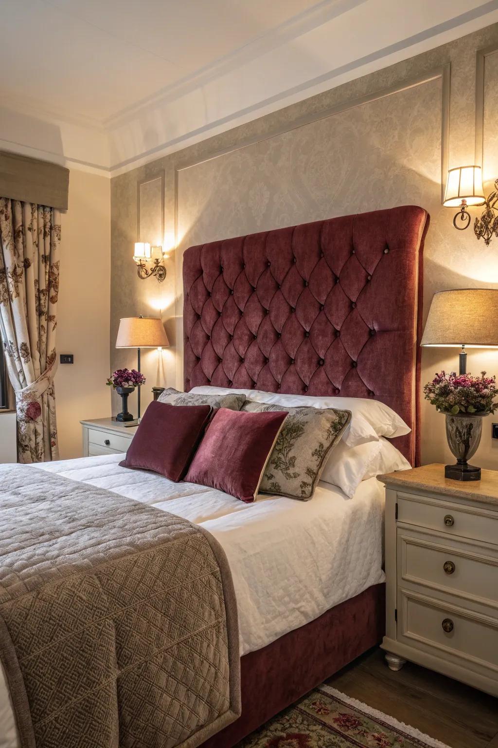 Velvet touches enhance the plush and luxurious feel of the bedroom.