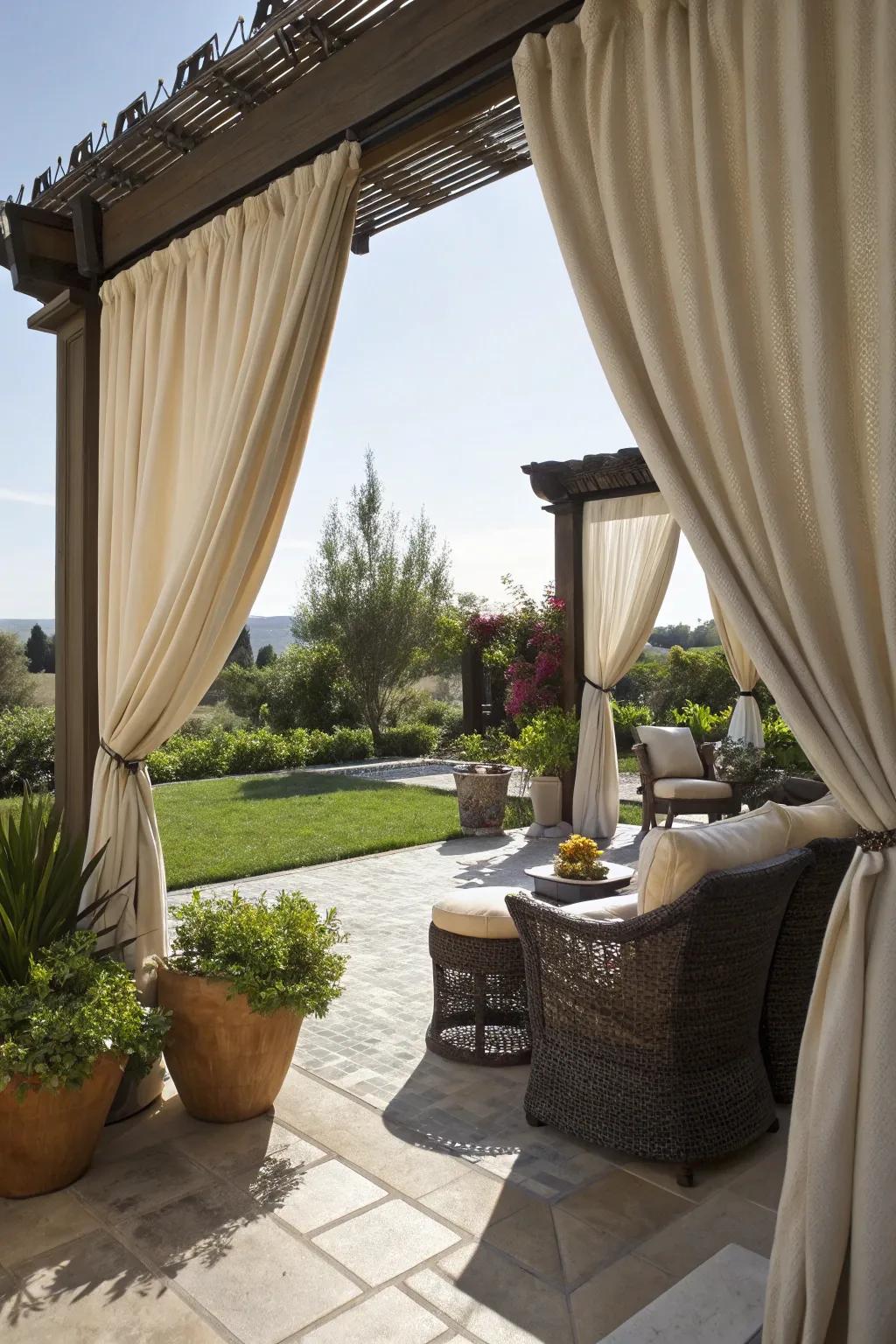 Outdoor drapes offer privacy and elegance.