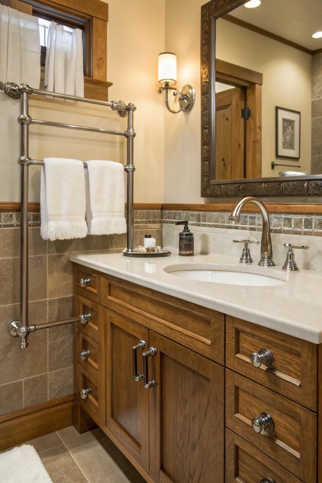 Metallic accents adding warmth and contrast to the craftsman bathroom.