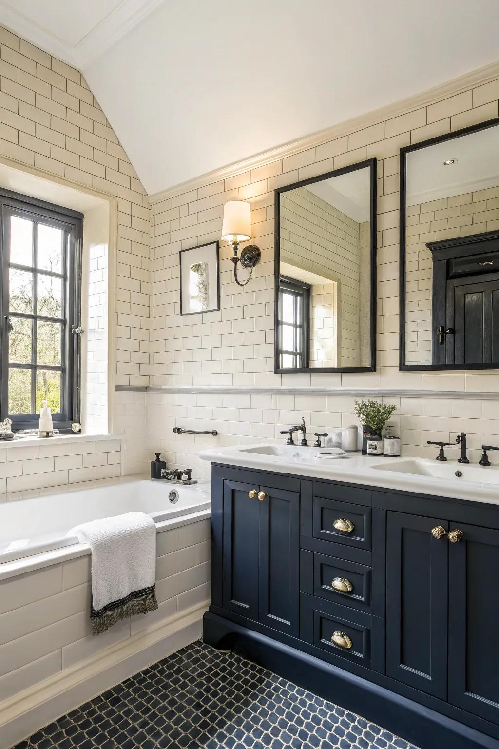 Contrasting colors add drama to this cream bathroom.