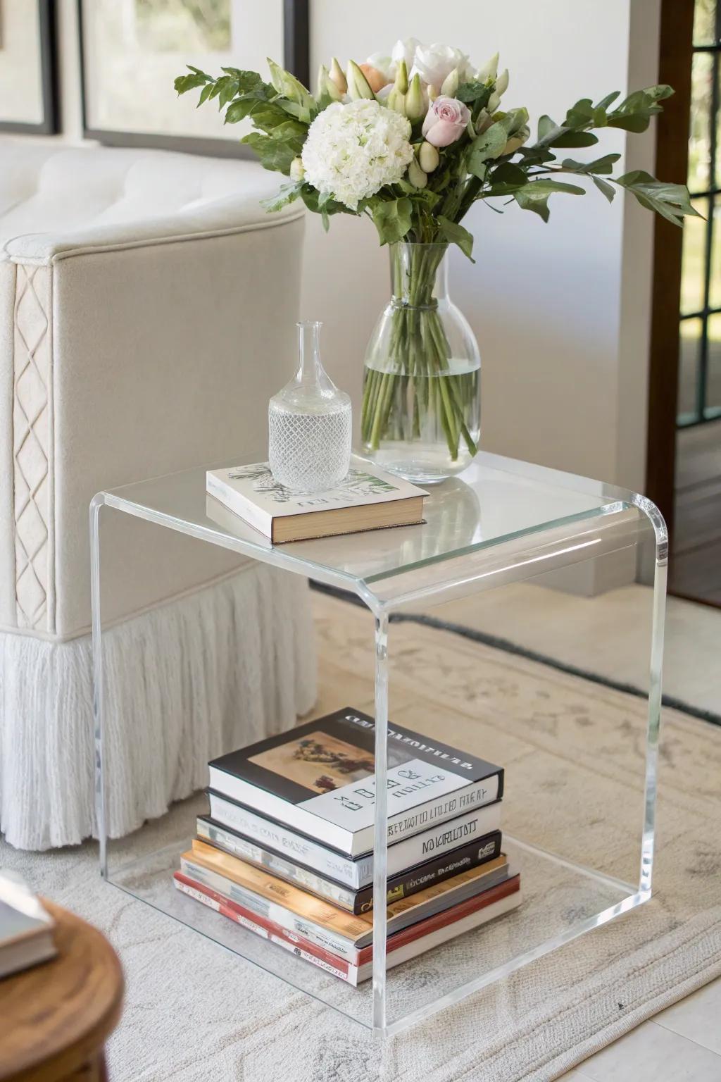 Transparent furniture pieces offer elegant and subtle book storage.