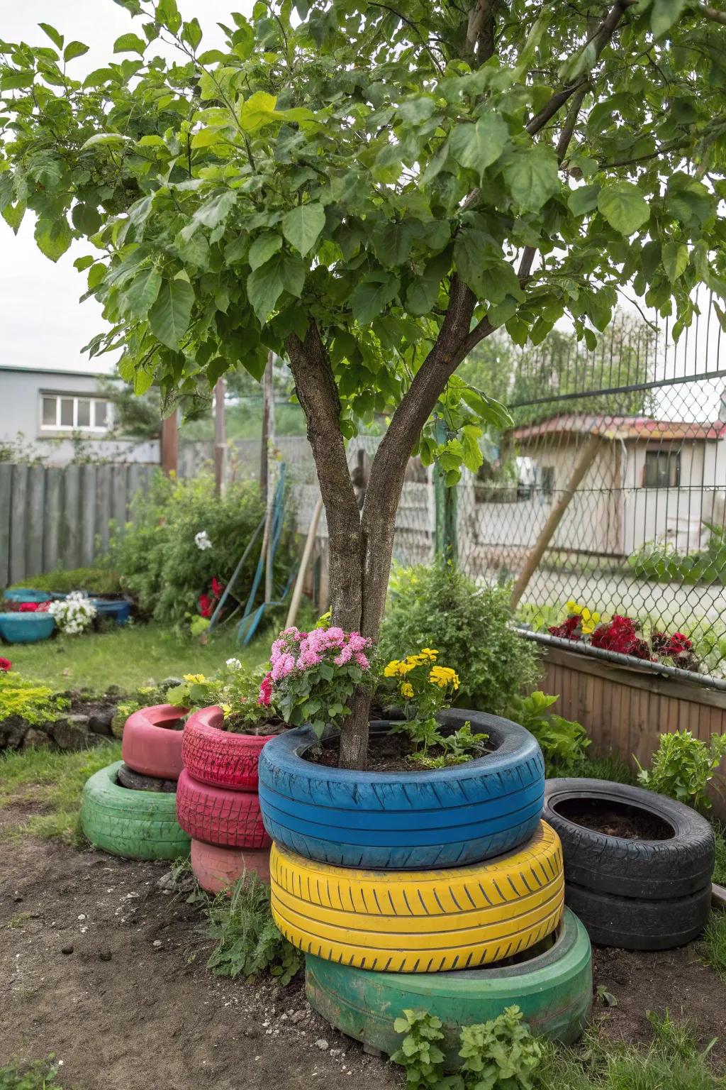 Innovative tire beds providing support for tree growth.
