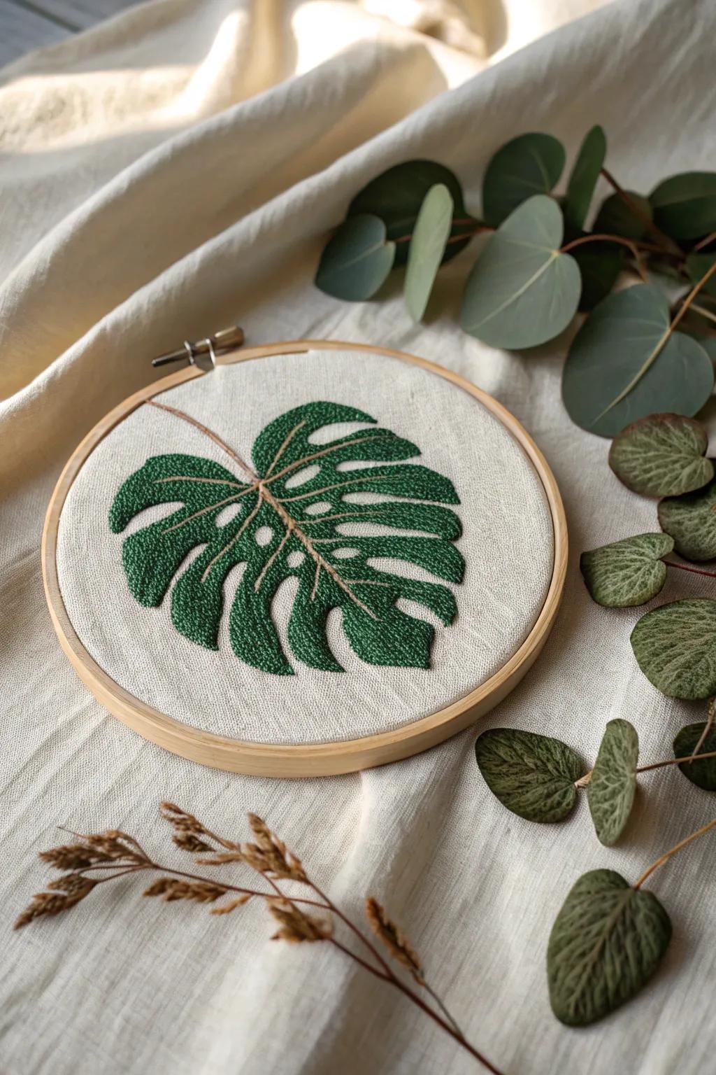 Embrace nature's artistry with this stunning monstera leaf cross-stitch design, perfect for adding a touch of green to your minimalist decor.