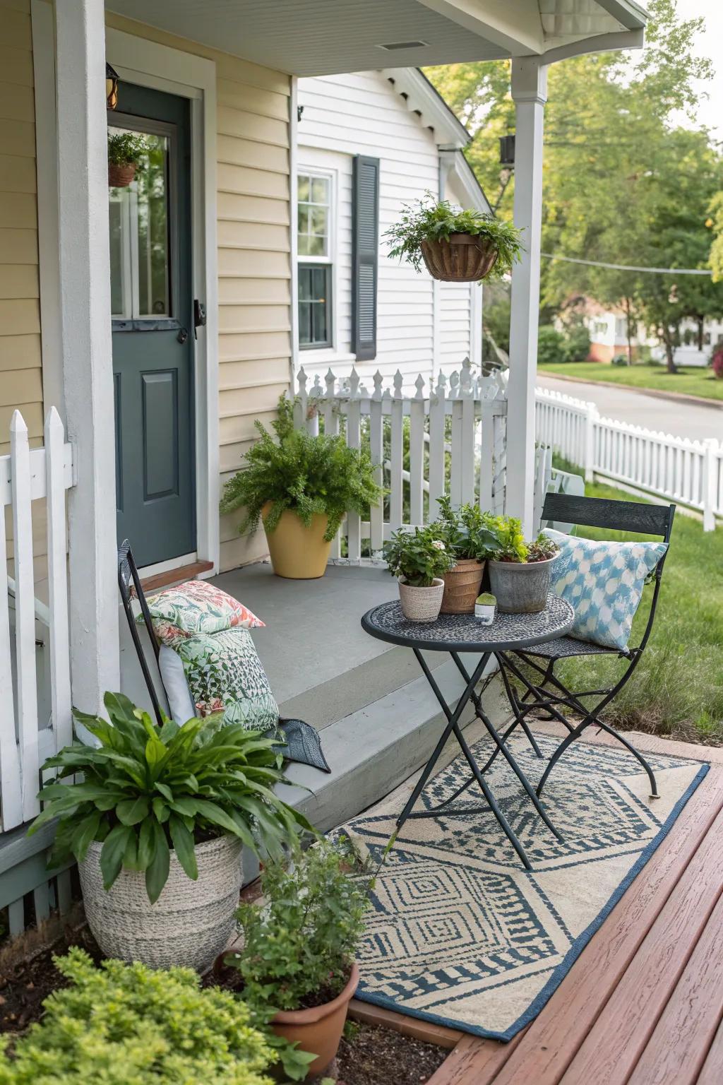 A compact bistro set offers a quaint locale for unwinding on your porch.