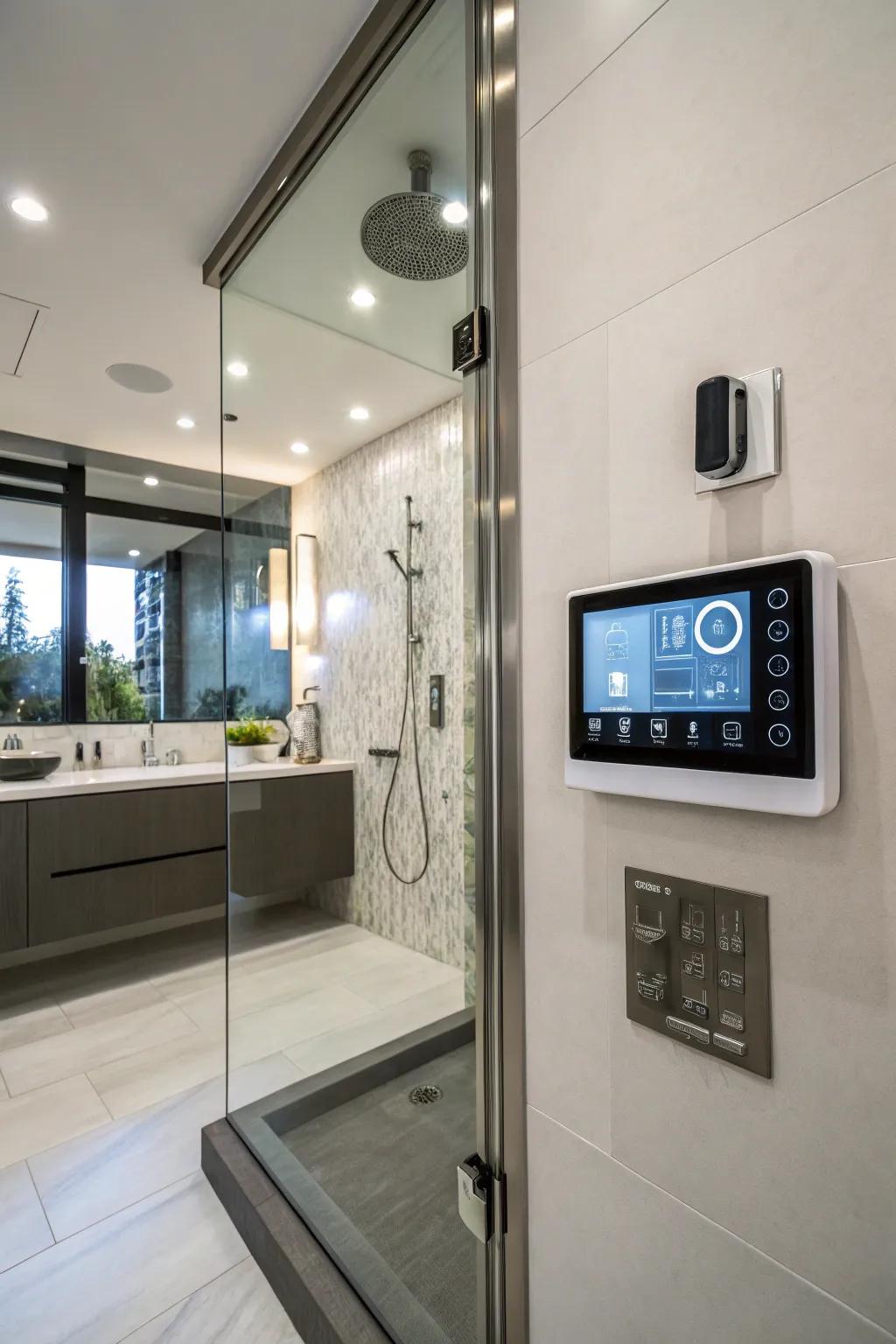 Smart controls make this curbless shower a high-tech and easy place.