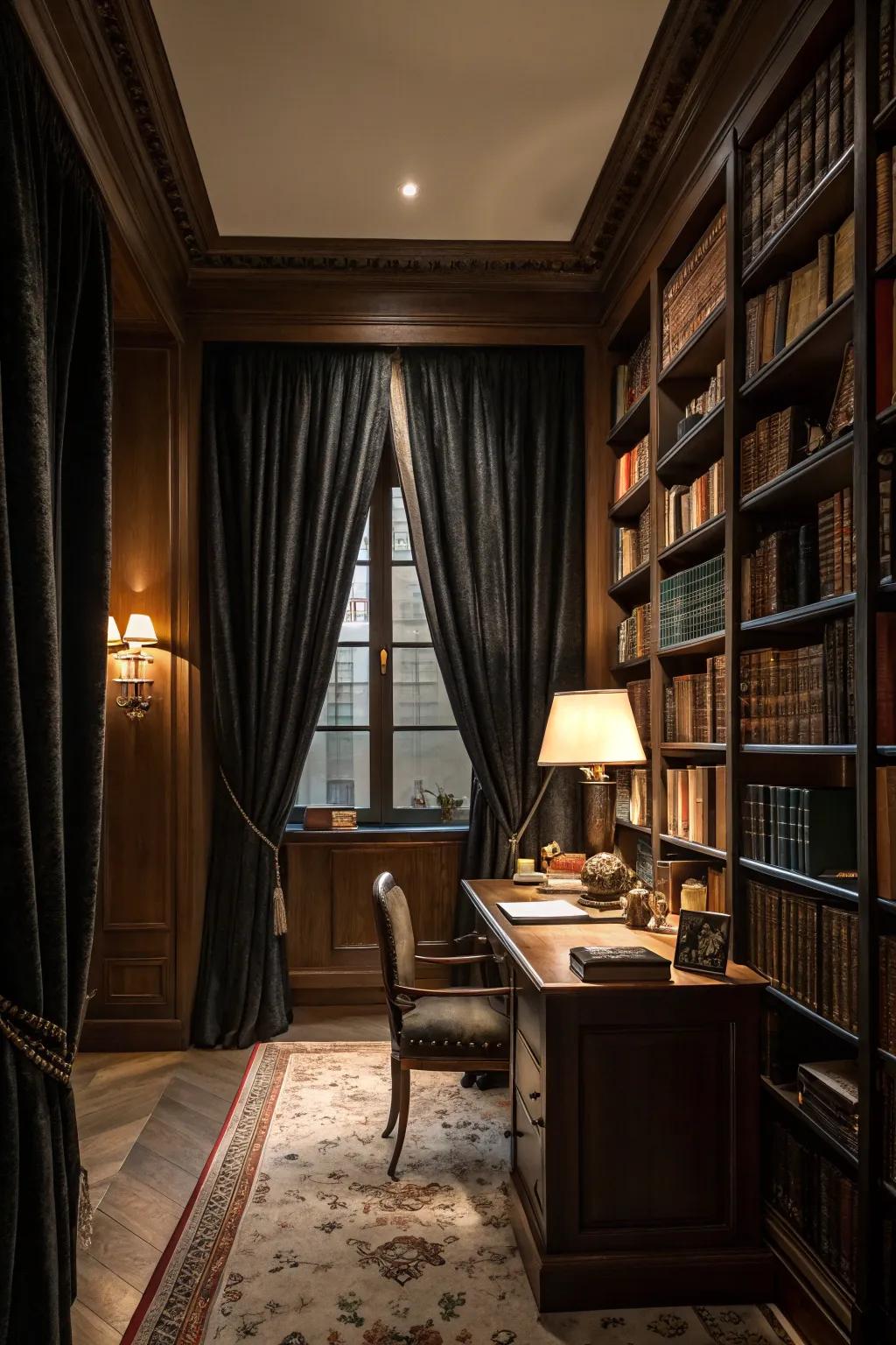 Dark trimmed window coverings enhance character and drama.