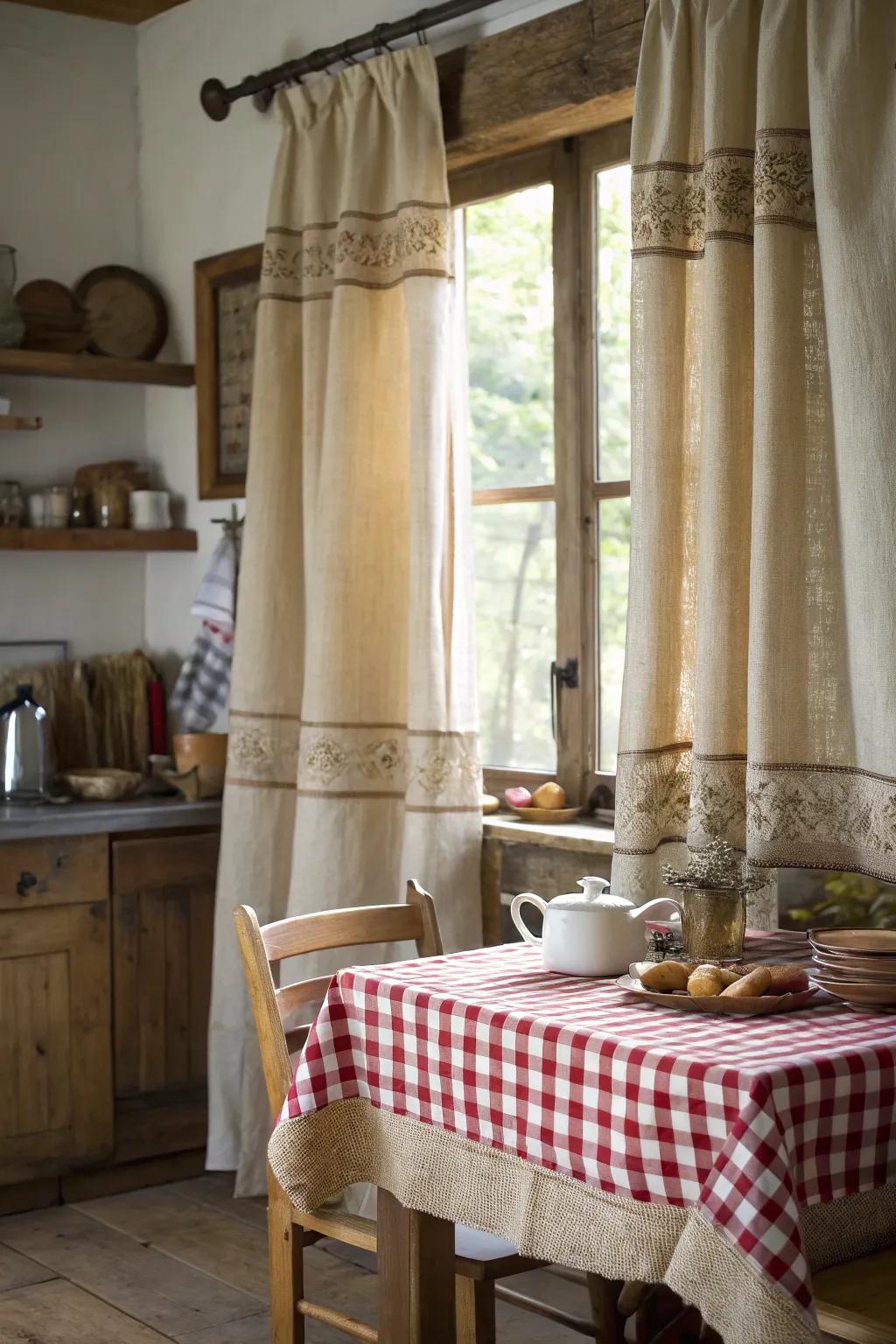 Rustic kitchen curtains with textured rough cloth <strong>details</strong>.&rdquo; loading=&rdquo;lazy&rdquo; class=&rdquo;pimg&rdquo;>
	</picture><figcaption>Rustic kitchen curtains with textured rough cloth <strong>details</strong>.</figcaption></figure>
<p>Rough cloth <strong>details</strong> can introduce a natural, earthy texture. I&rsquo;ve used rough cloth in a farmhouse kitchen, perfectly complementing the rustic decor.</p>
<h3>Try these:</h3>
<ul class=
