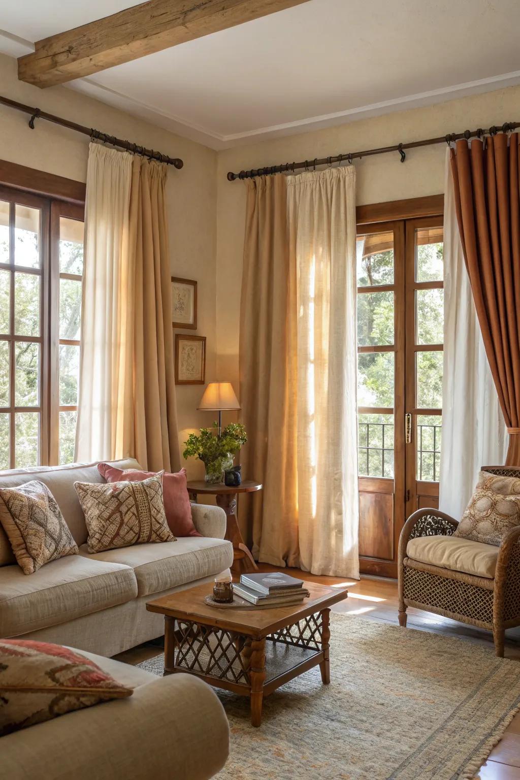 Earthy hues in window coverings craft a warm and inviting atmosphere.