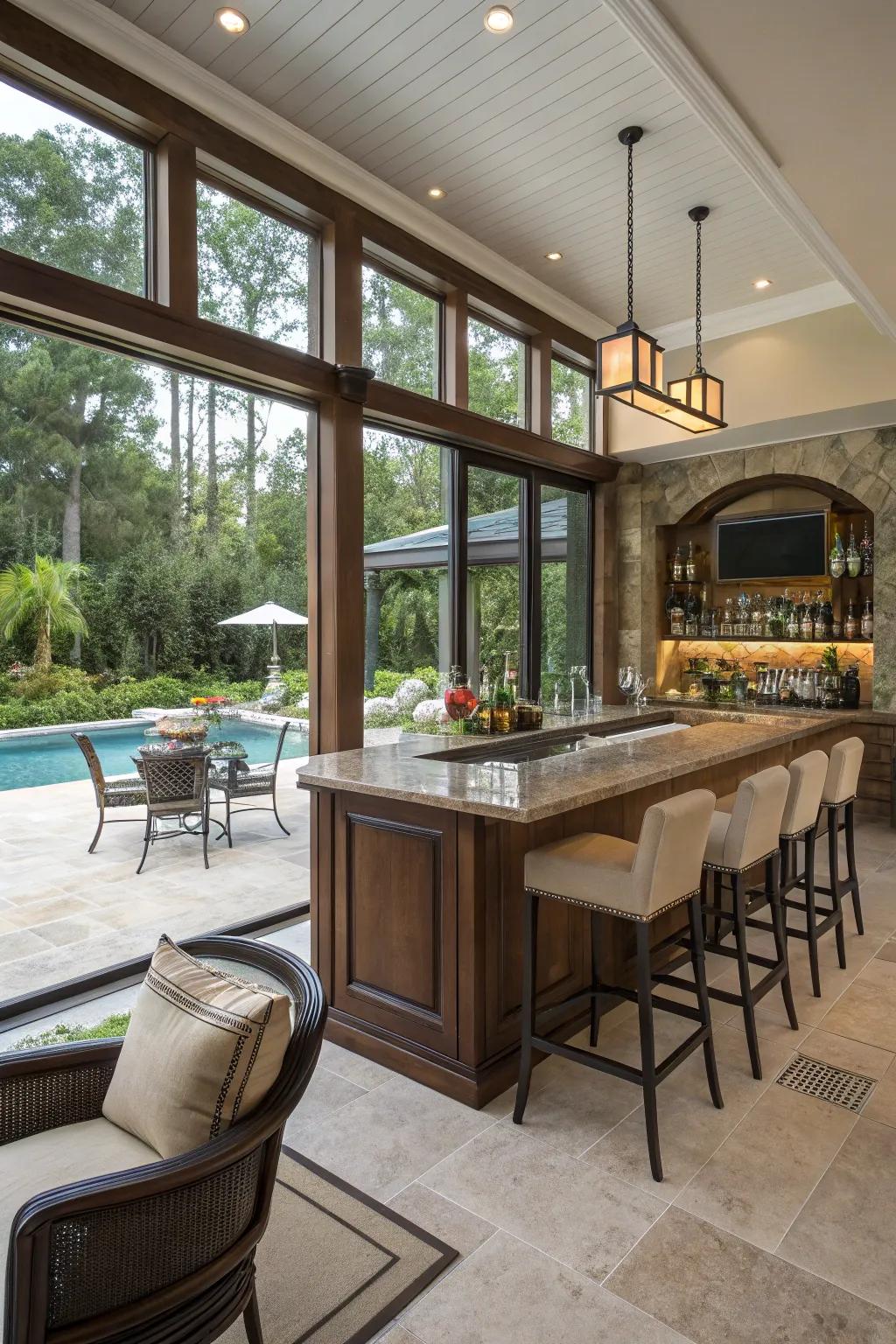 A dwelling bar with a swim-up experience connecting indoor and outdoor.