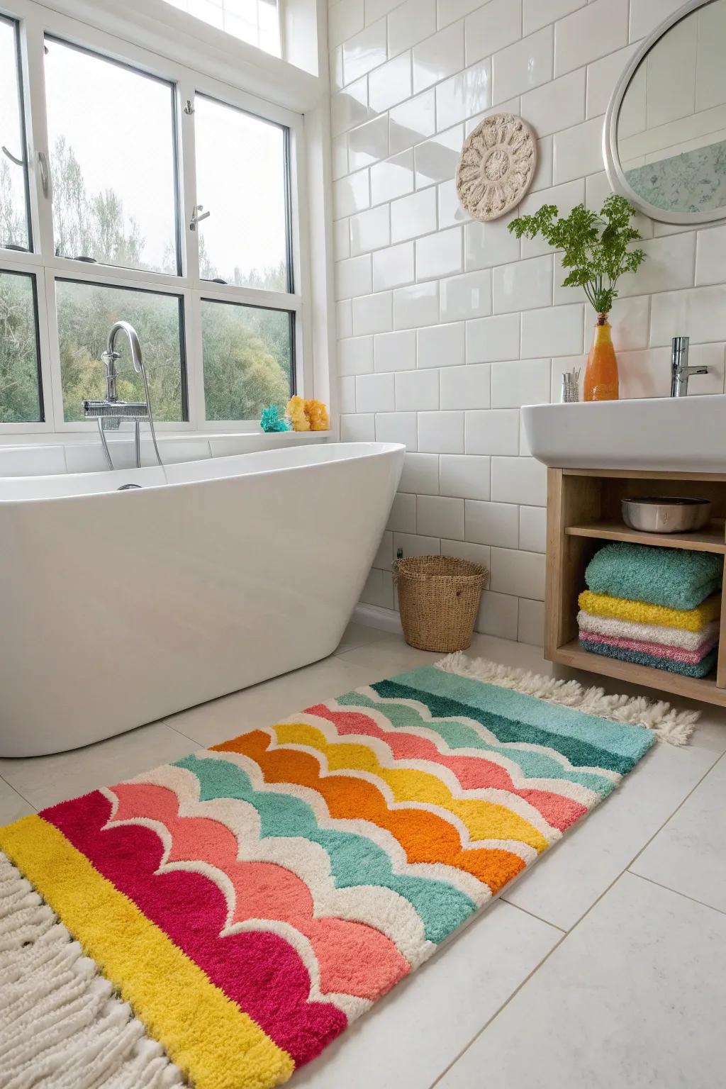 A colorful bath mat elevates the mood and adds vibrancy to your restroom.