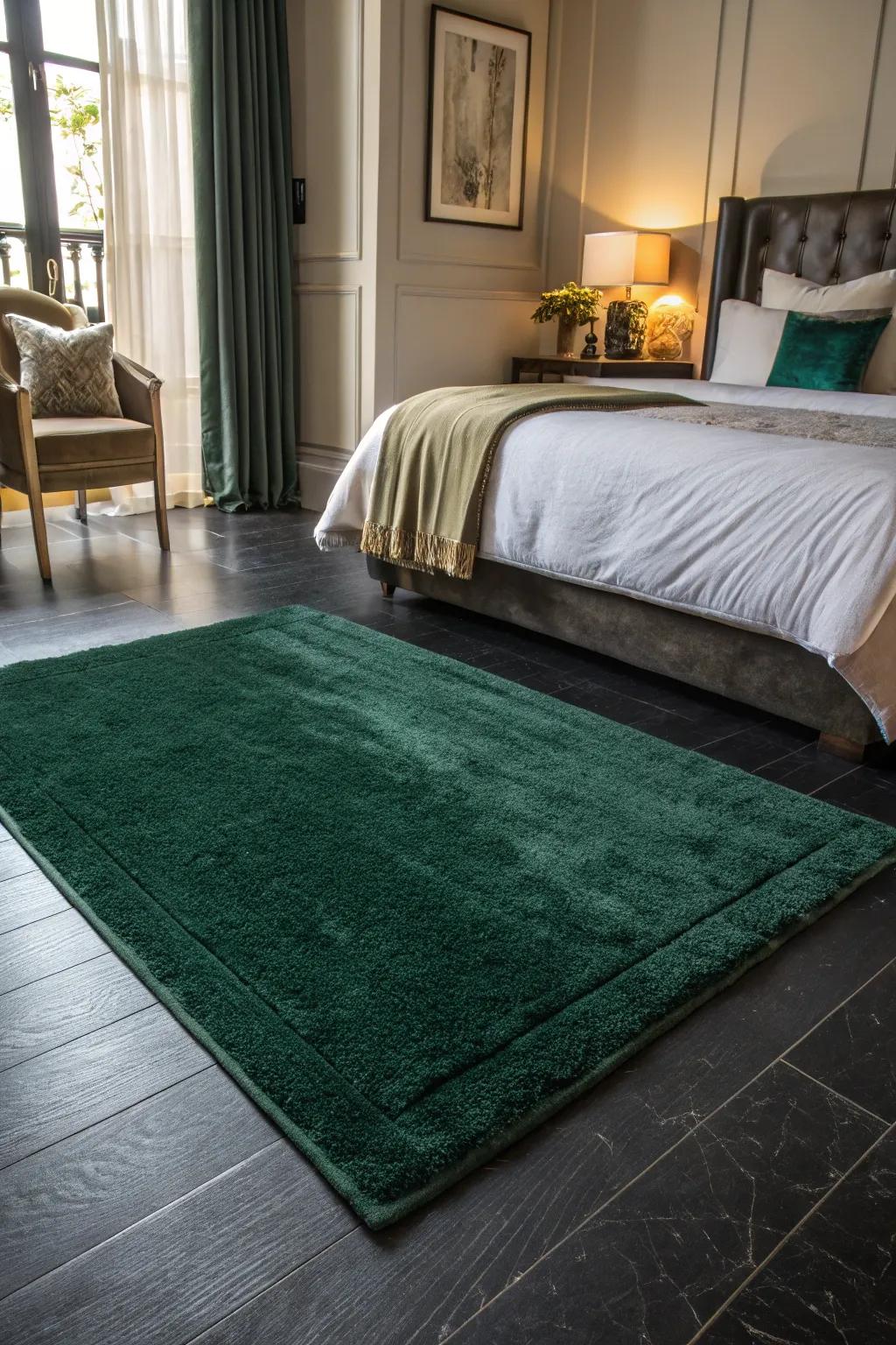 A green area rug softens black flooring beautifully.