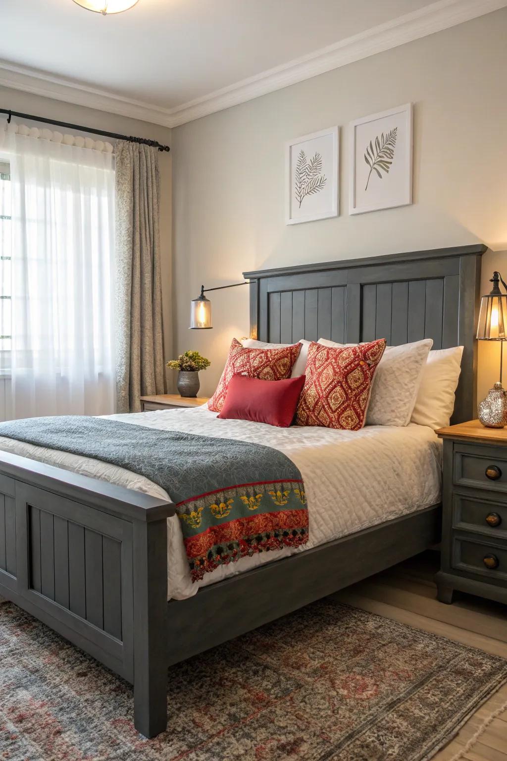 A burst of color adds energy and contrast to a grey-themed bedroom.